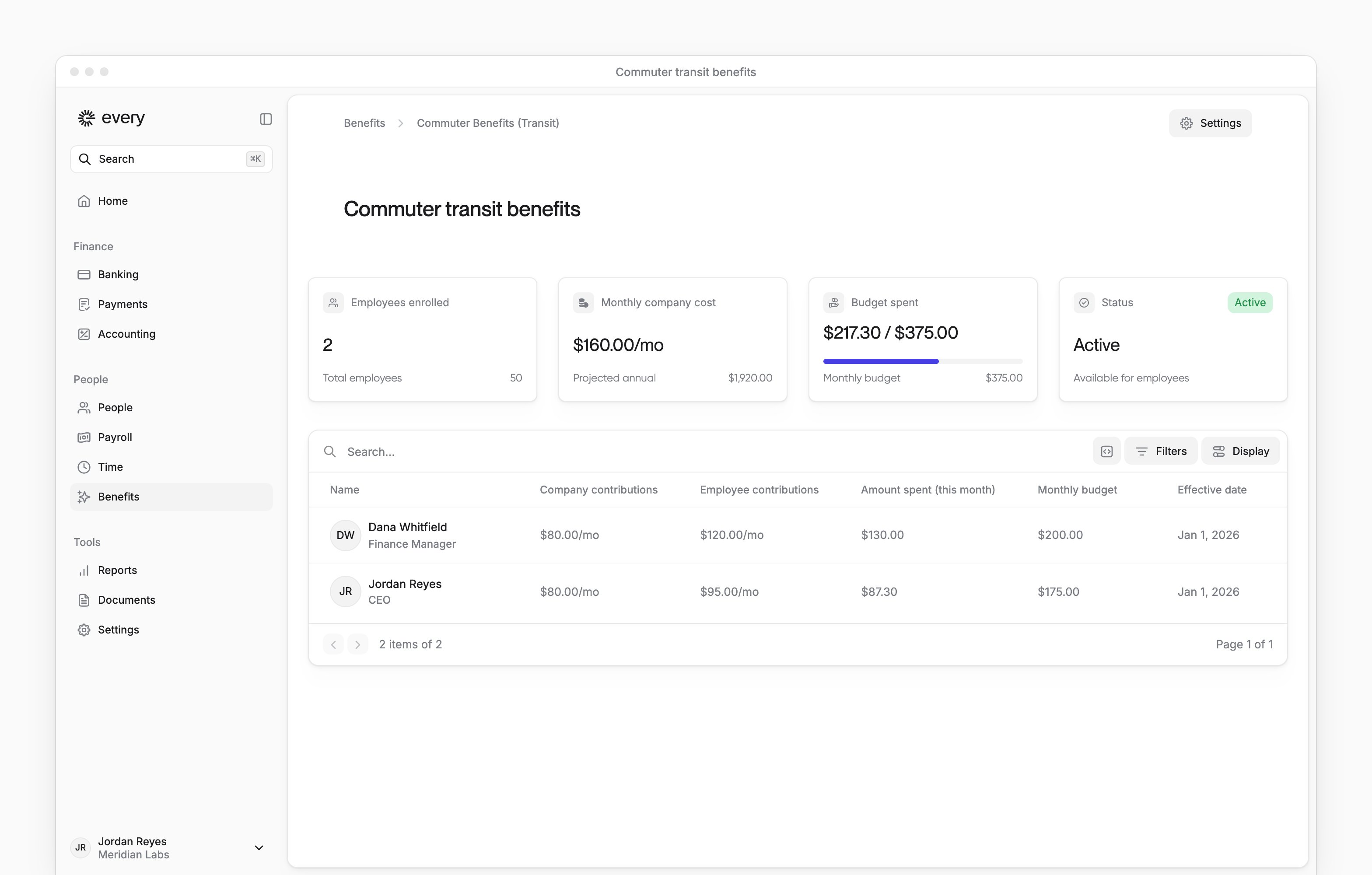Commuter transit dashboard with budget summary, employee contributions and the app sidebar.