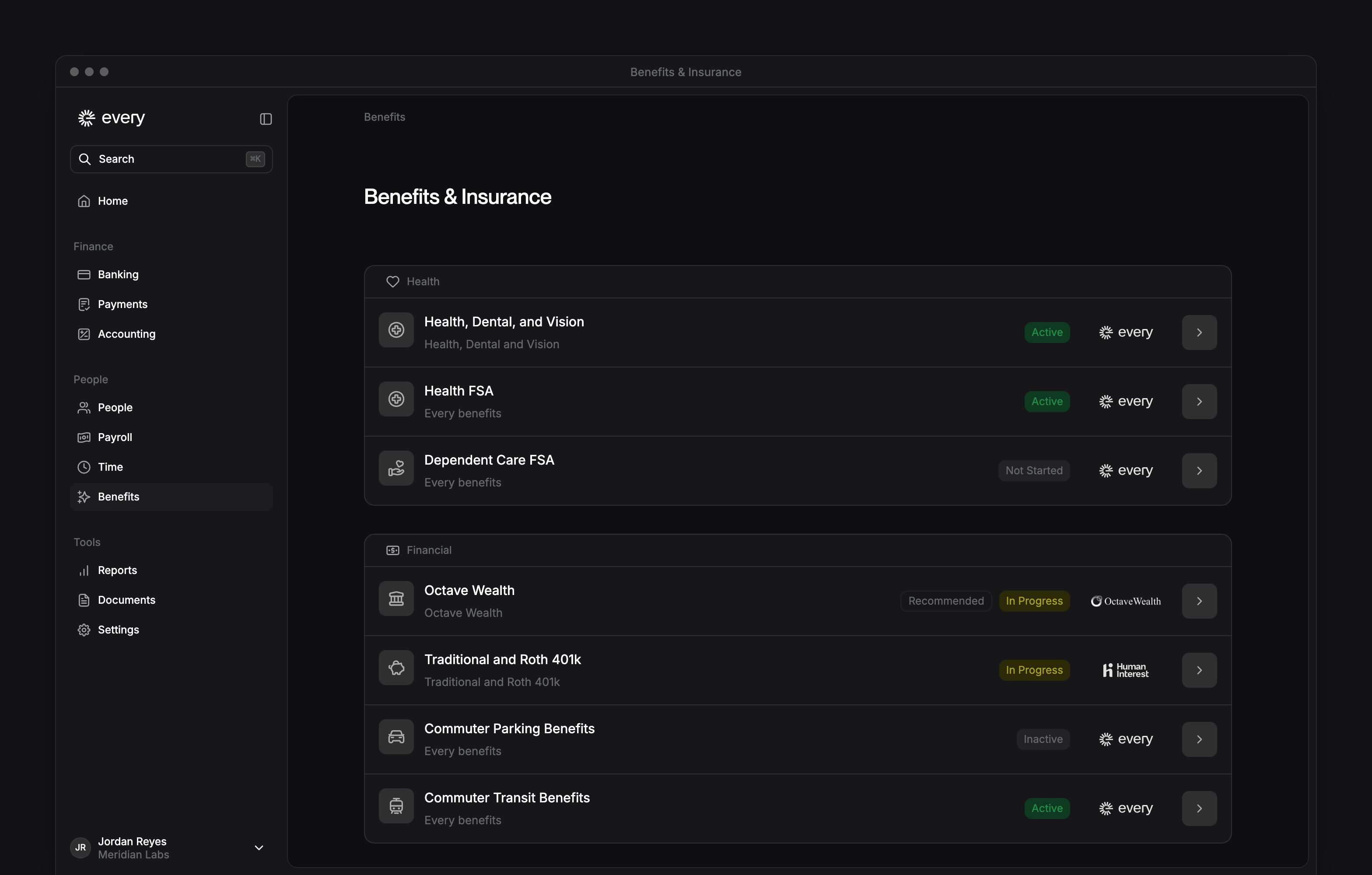 Benefits & Insurance with grouped benefit offerings, their status badges and the app sidebar.