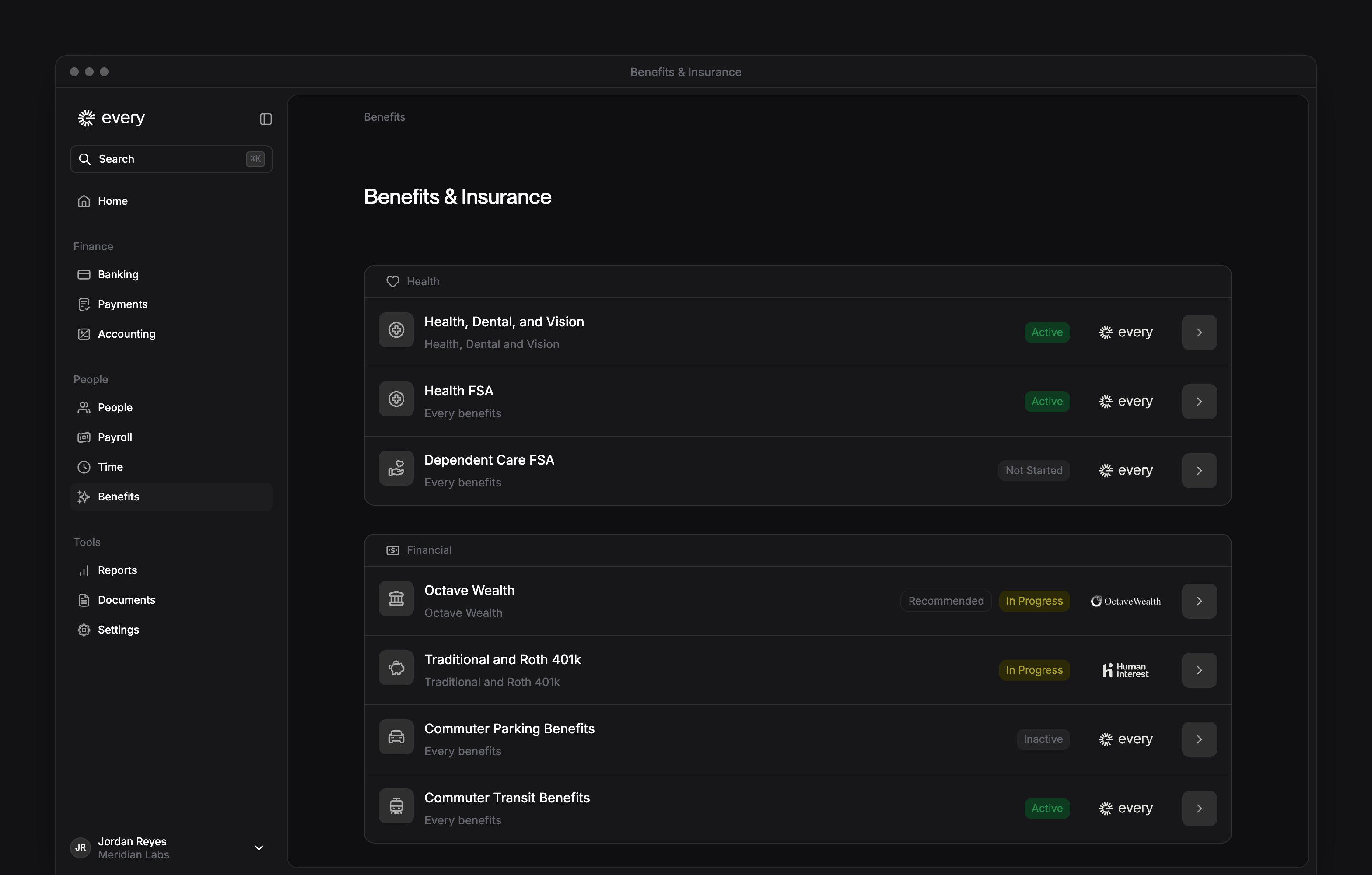 Benefits & Insurance with grouped benefit offerings, their status badges and the app sidebar.