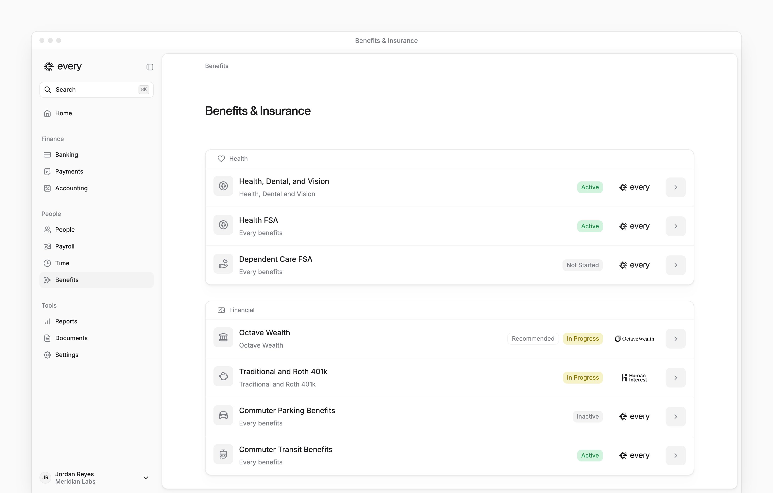 Benefits & Insurance with grouped benefit offerings, their status badges and the app sidebar.