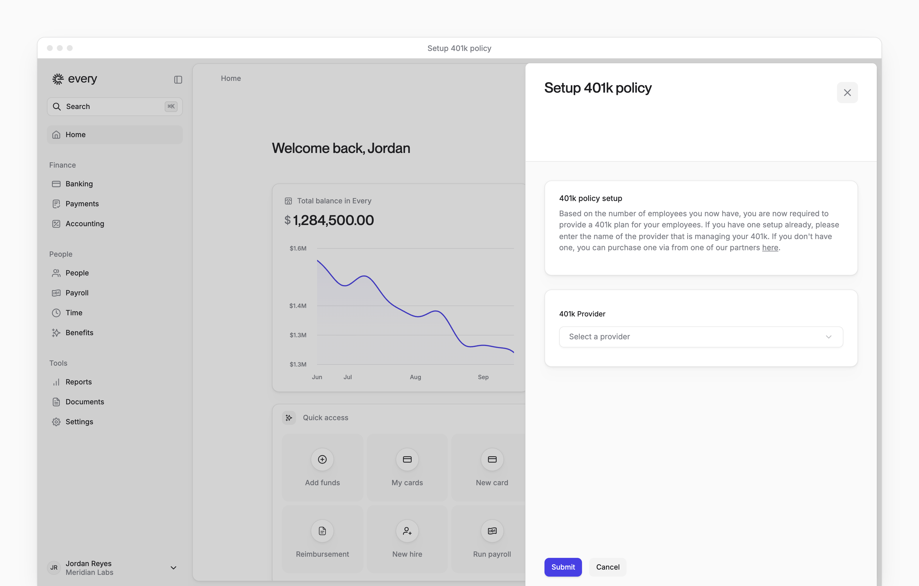Home with the 401(k) provider selector and the app sidebar.