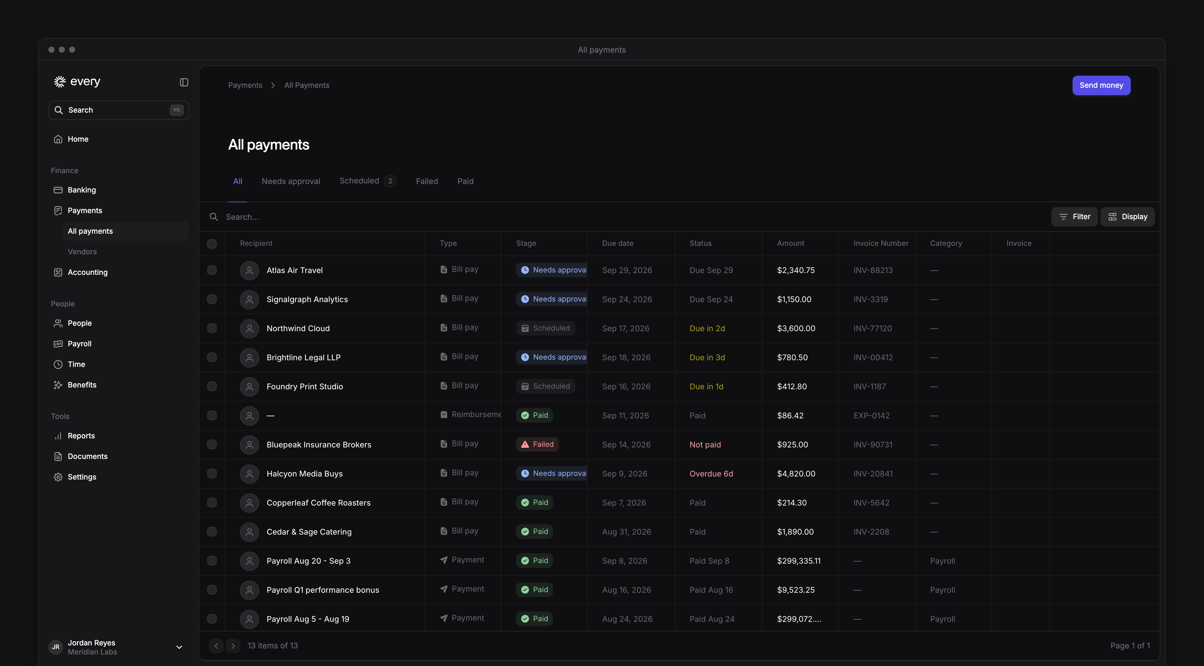 The All payments page, with tabs from All to Paid and each payment's recipient, type, stage, due date, status and amount.