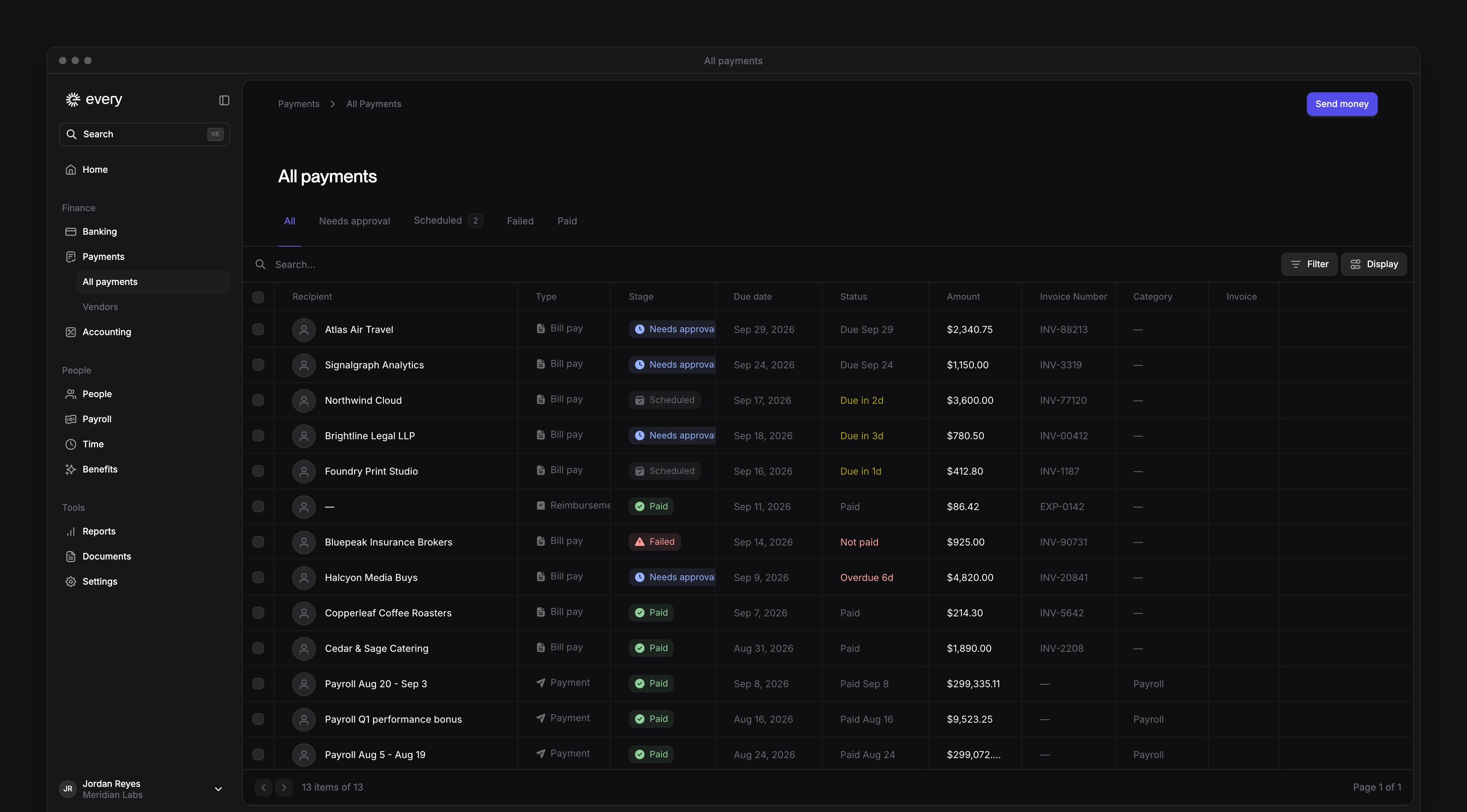 The All payments page, with tabs from All to Paid and each payment's recipient, type, stage, due date, status and amount.