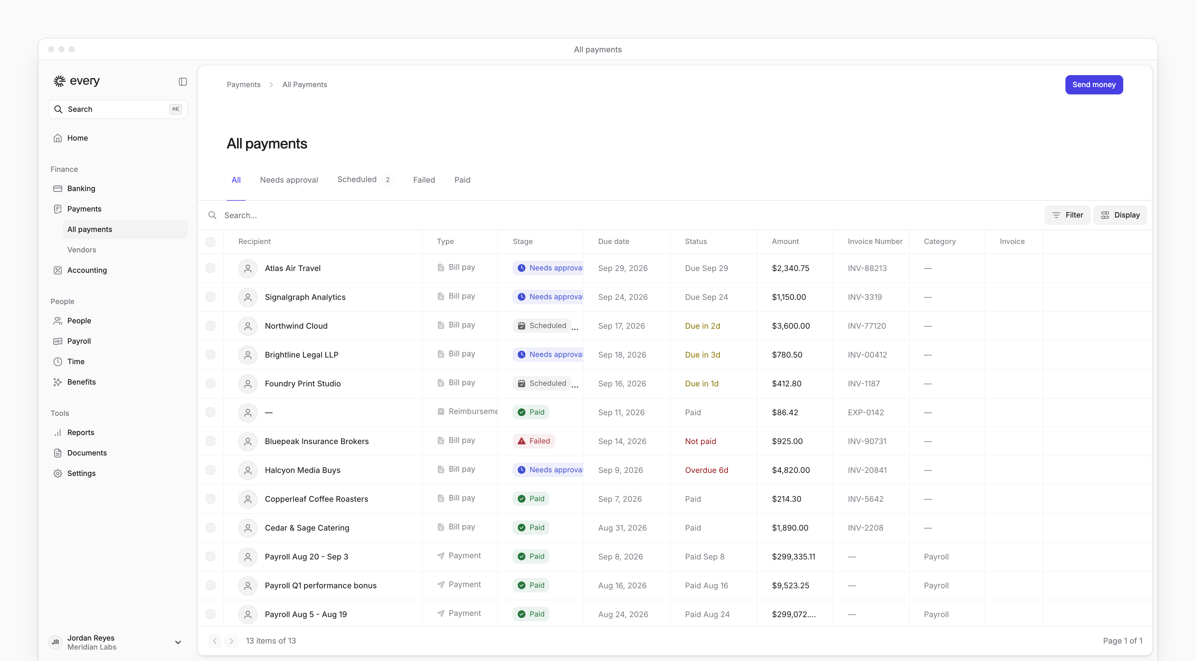 The All payments page, with tabs from All to Paid and each payment's recipient, type, stage, due date, status and amount.