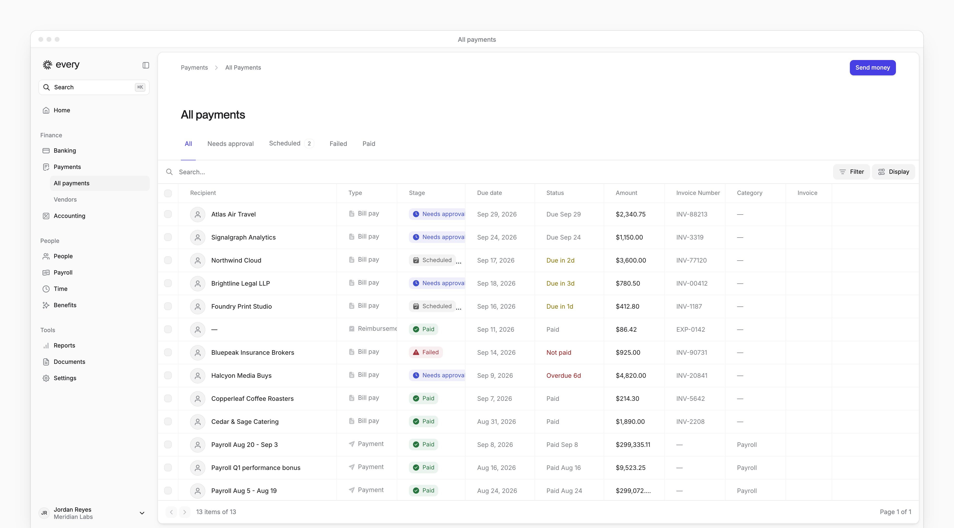 The All payments page, with tabs from All to Paid and each payment's recipient, type, stage, due date, status and amount.