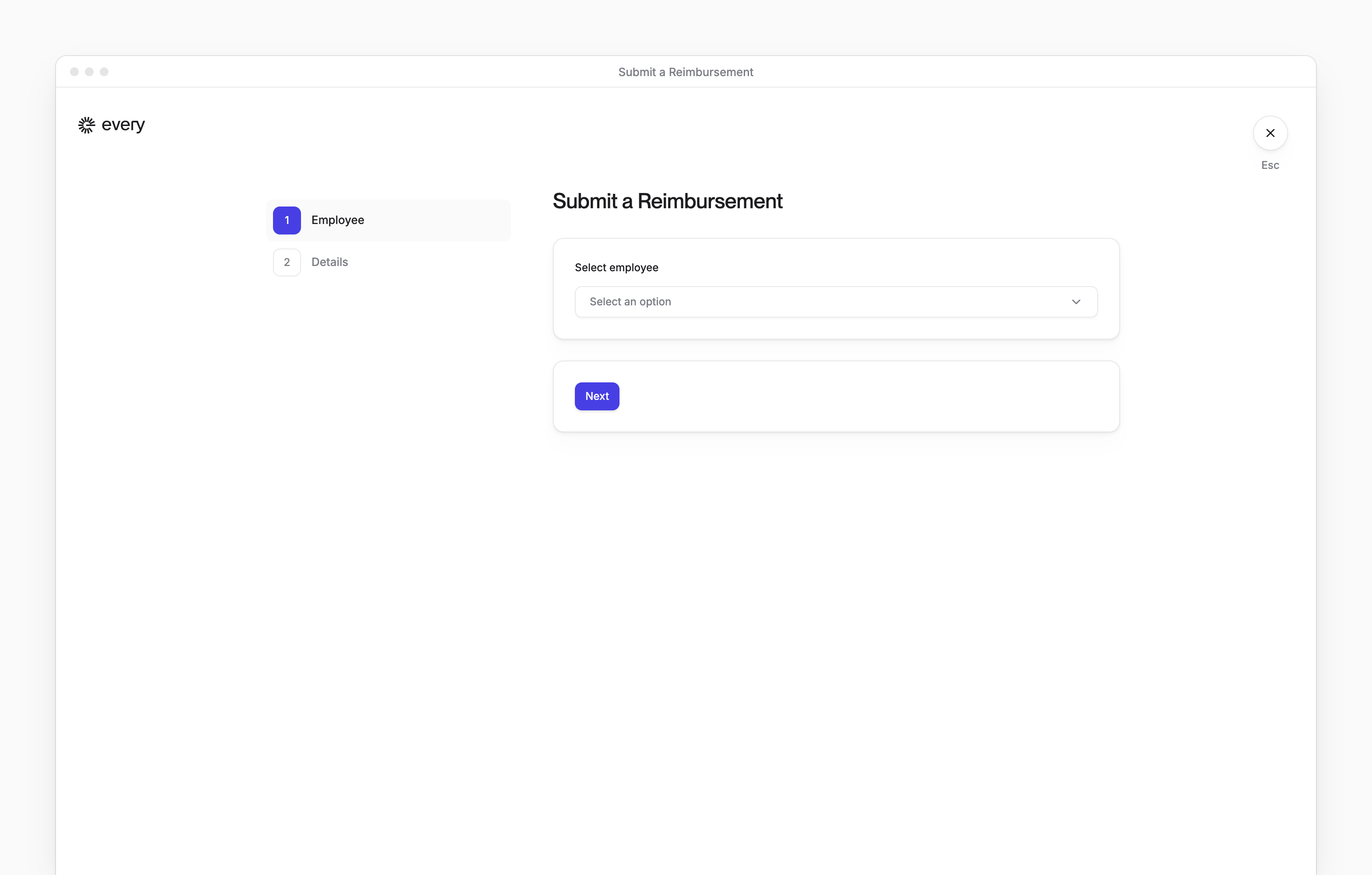 The first step of Submit a Reimbursement, choosing the employee, with the details step to come.
