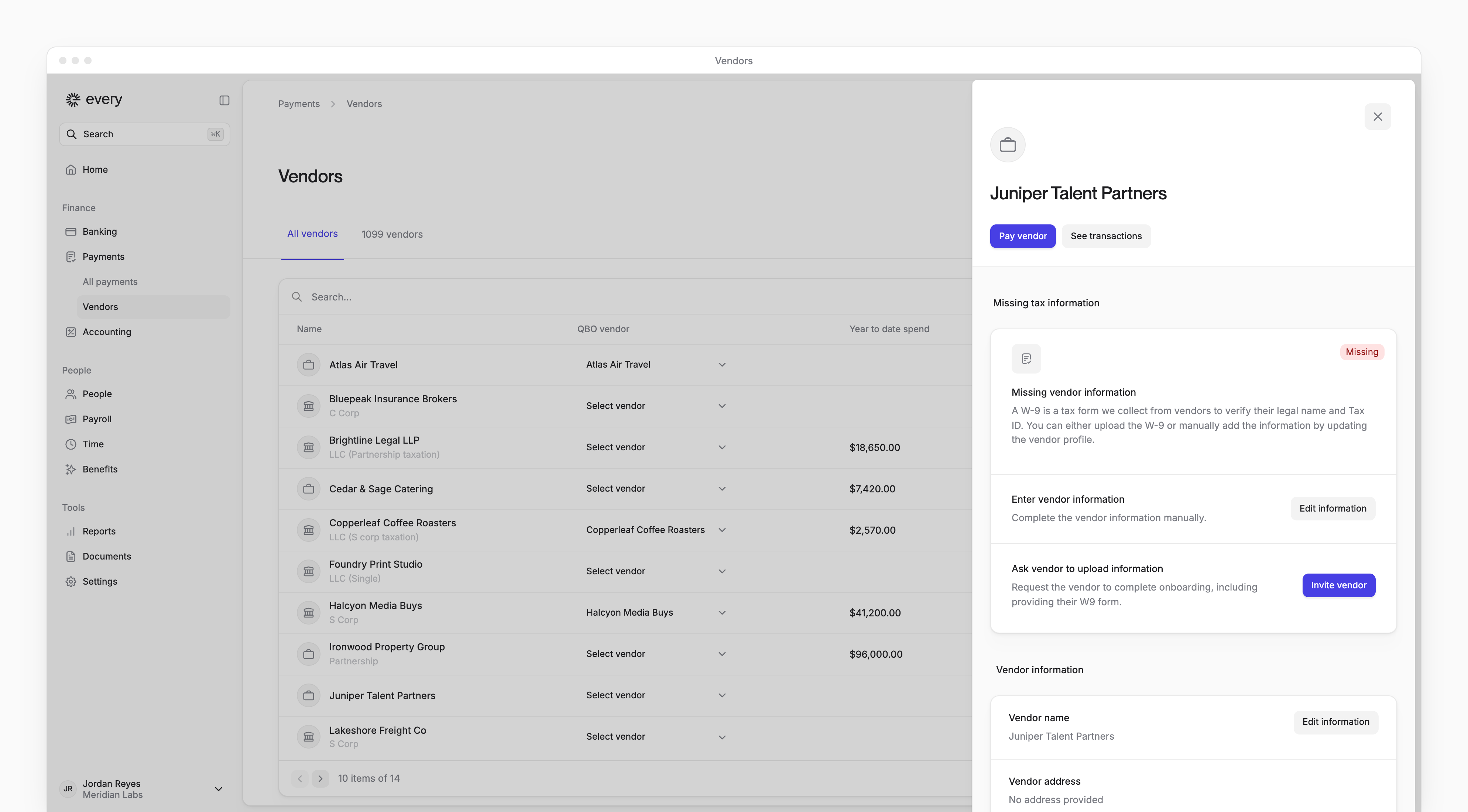 A vendor's details with missing tax information, and the option to invite the vendor to fill it in.