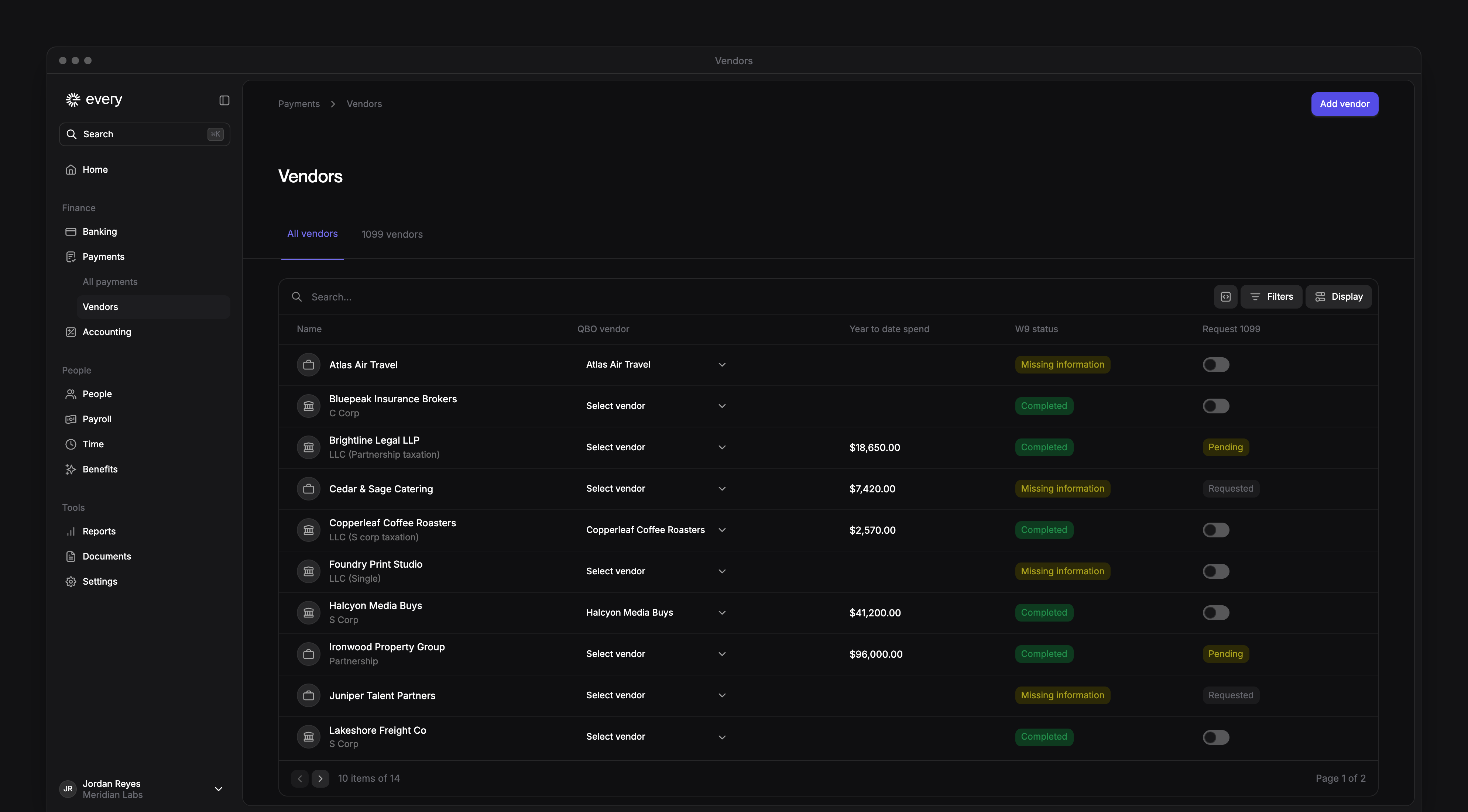 The Vendors page, listing each vendor with its QuickBooks vendor, year-to-date spend, W9 status and 1099 request.