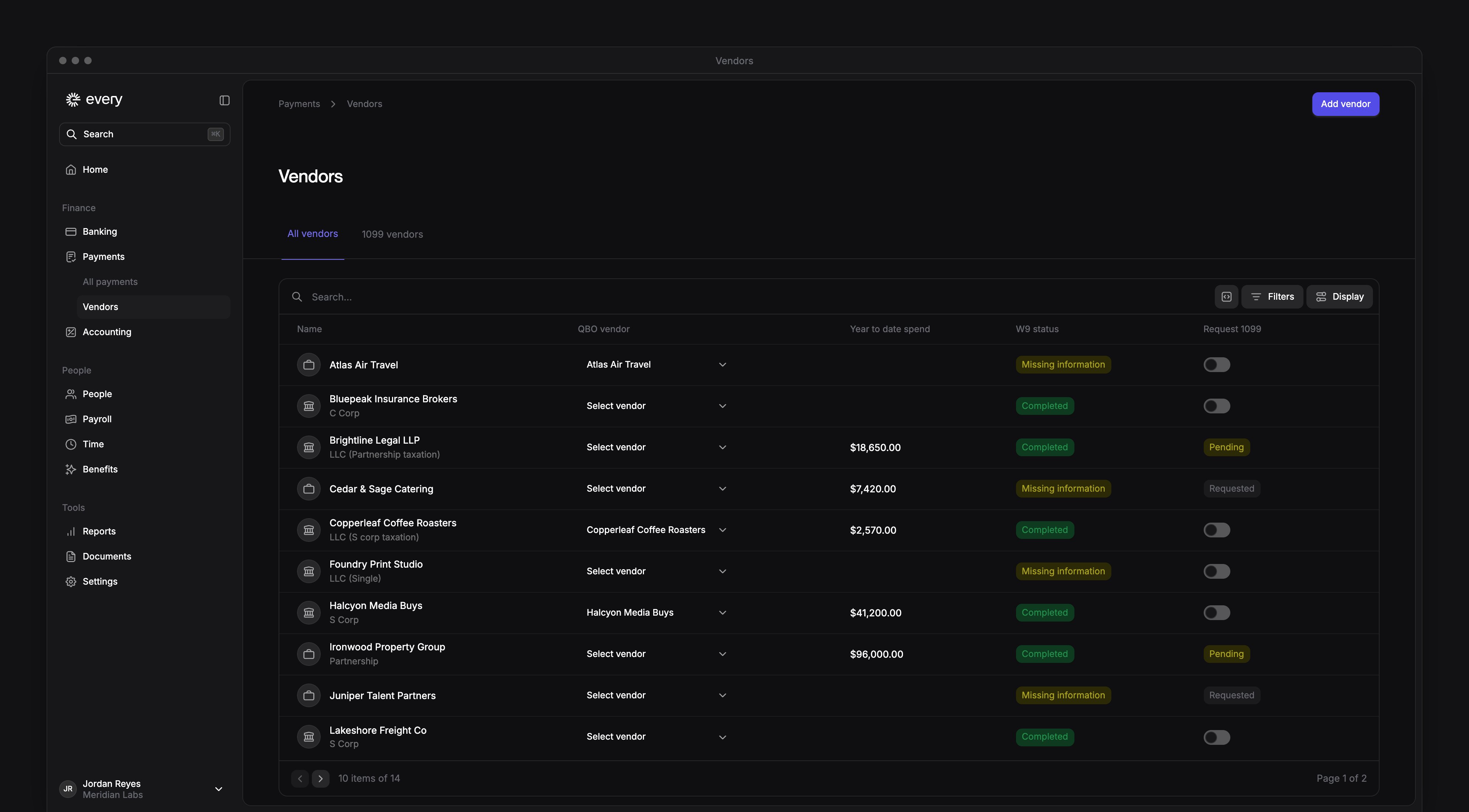 The Vendors page, listing each vendor with its QuickBooks vendor, year-to-date spend, W9 status and 1099 request.