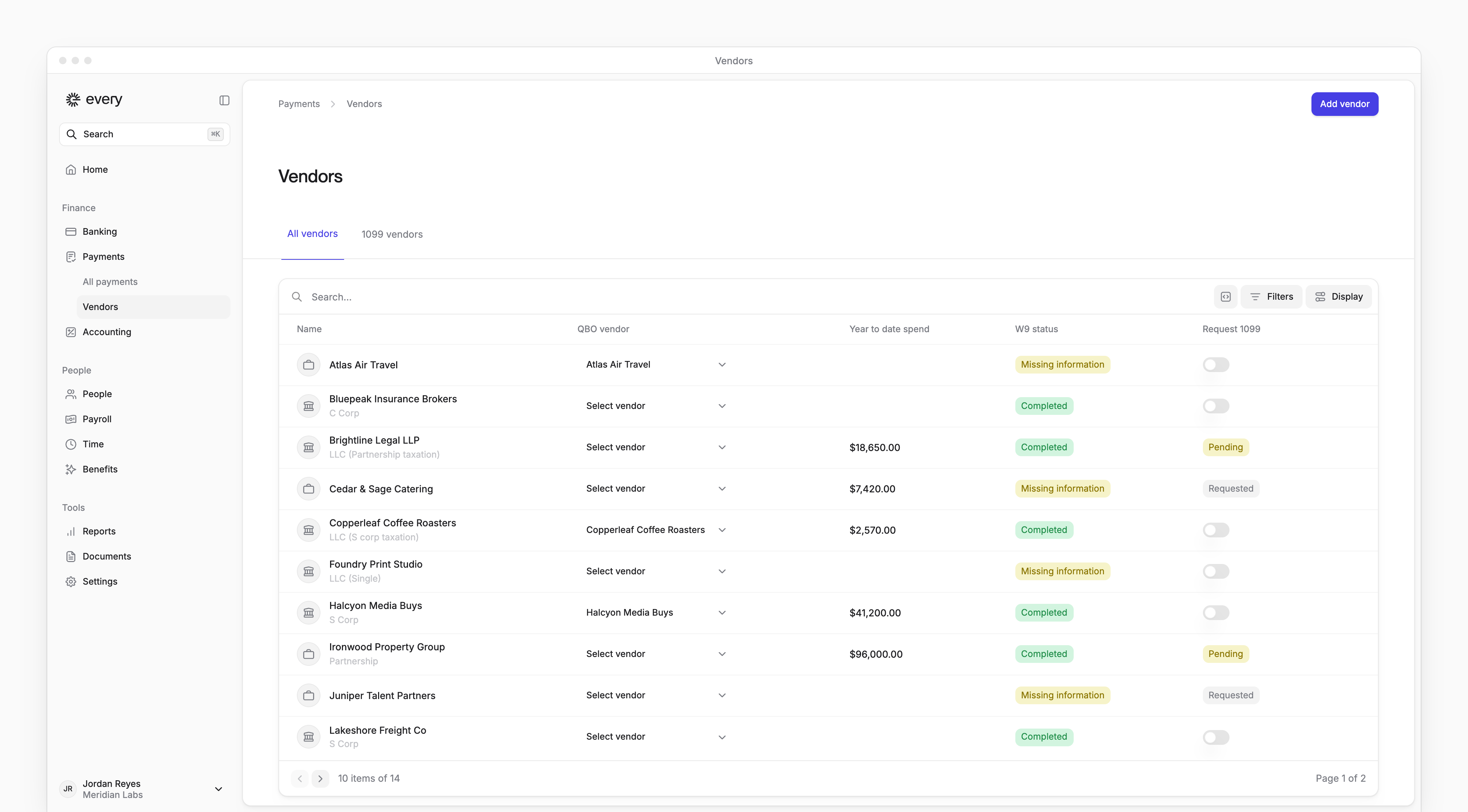 The Vendors page, listing each vendor with its QuickBooks vendor, year-to-date spend, W9 status and 1099 request.
