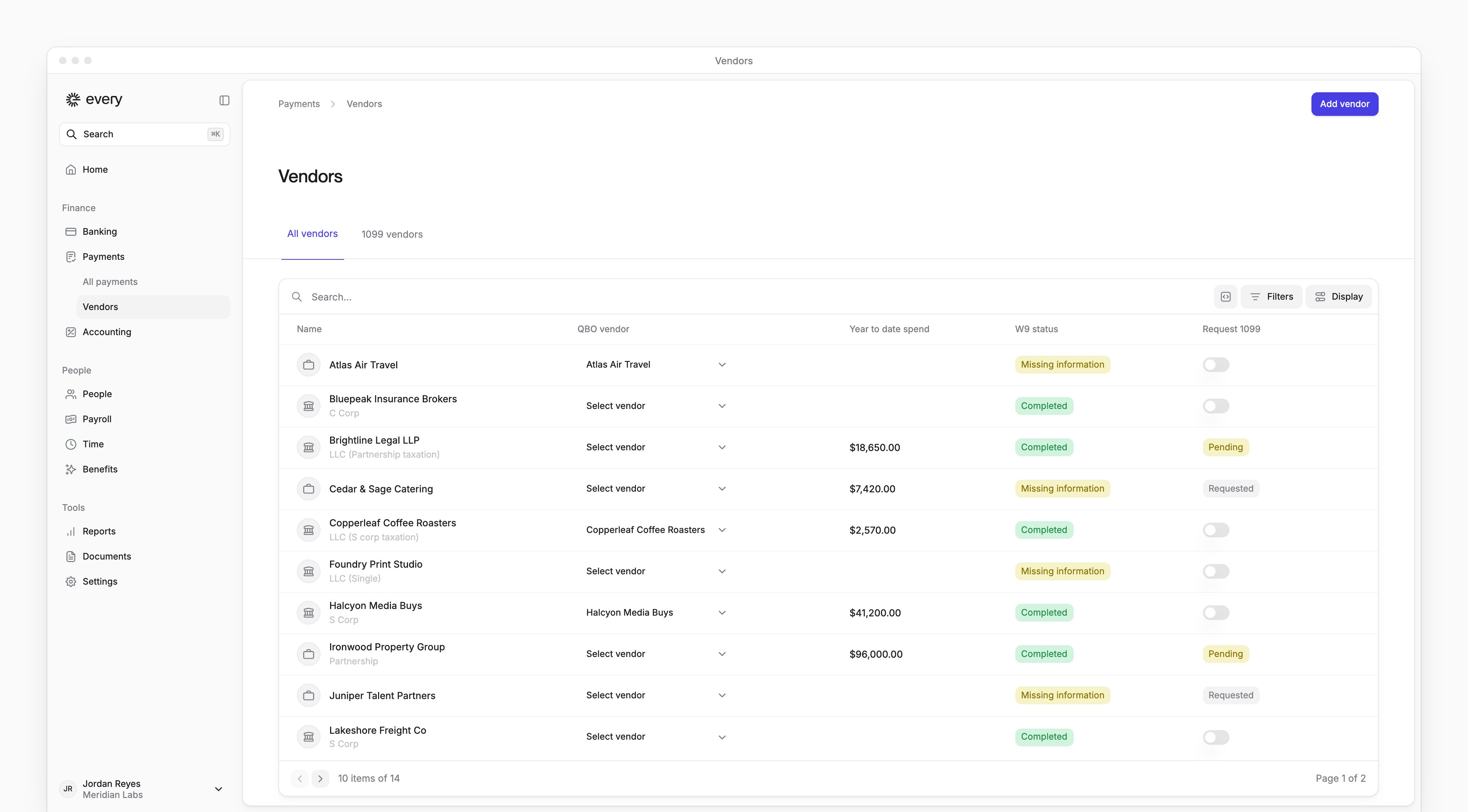 The Vendors page, listing each vendor with its QuickBooks vendor, year-to-date spend, W9 status and 1099 request.