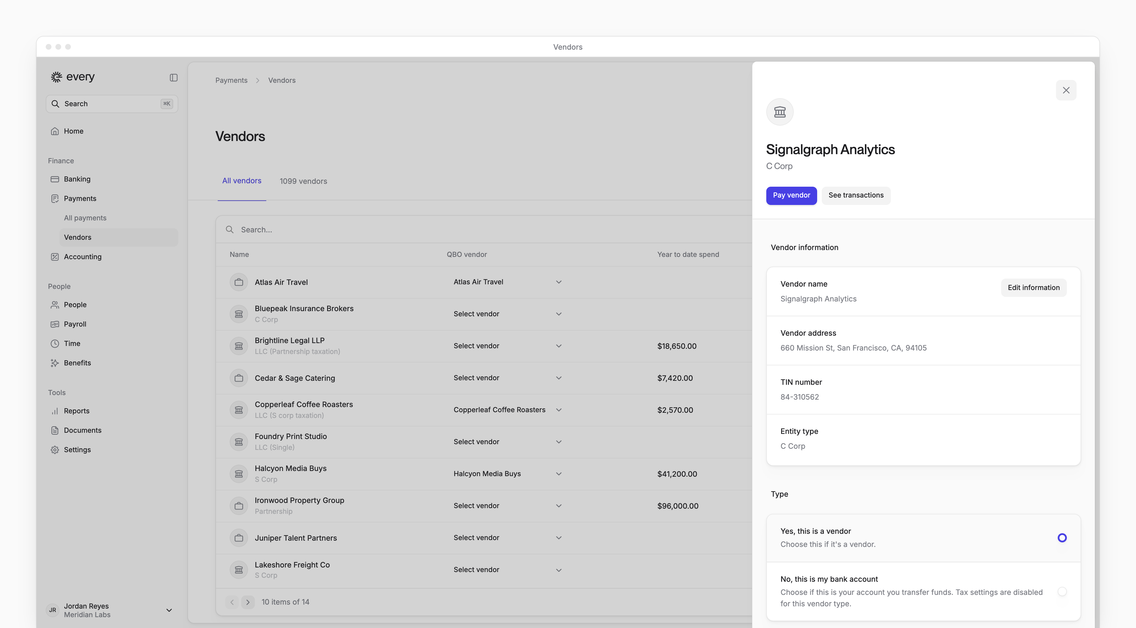 A vendor's details over the Vendors list, with their information and type.