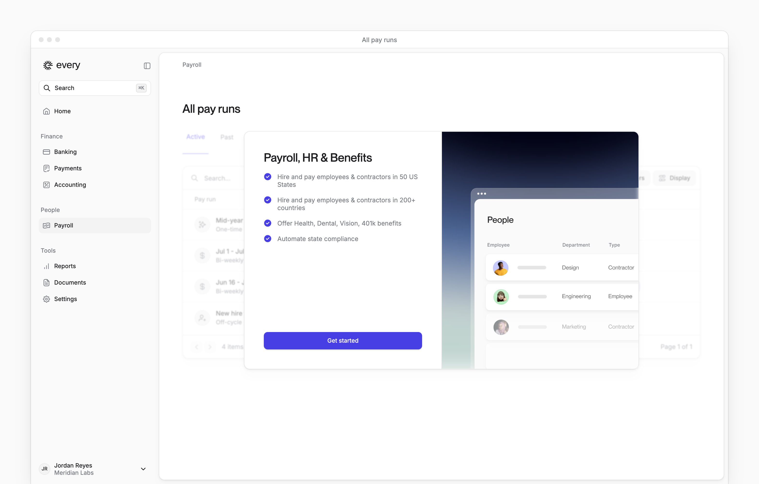 Payroll before setup, with the Payroll, HR & Benefits panel and its Get started button.