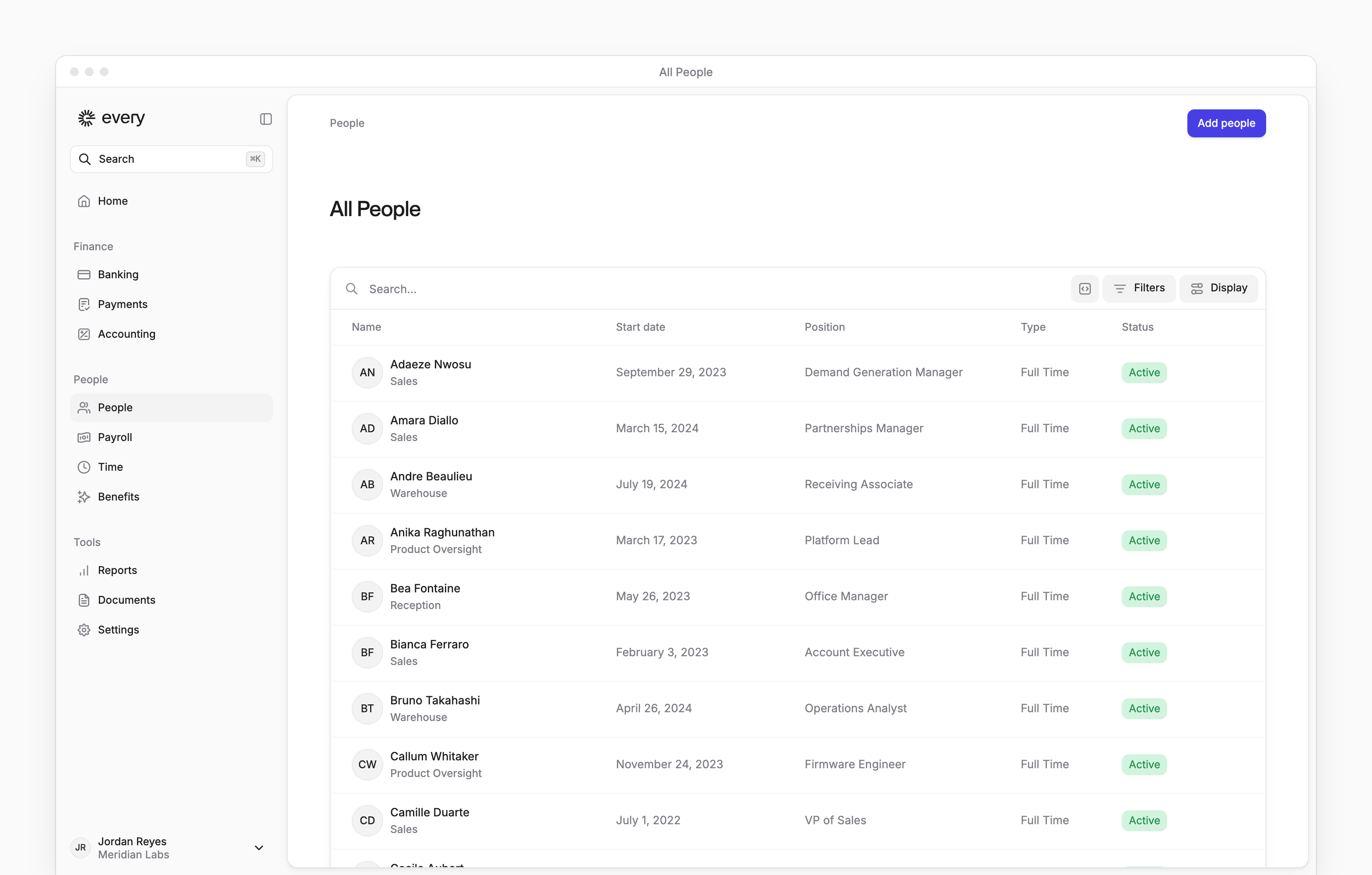 All People, with the Add people button and each person's position, type, start date and status.