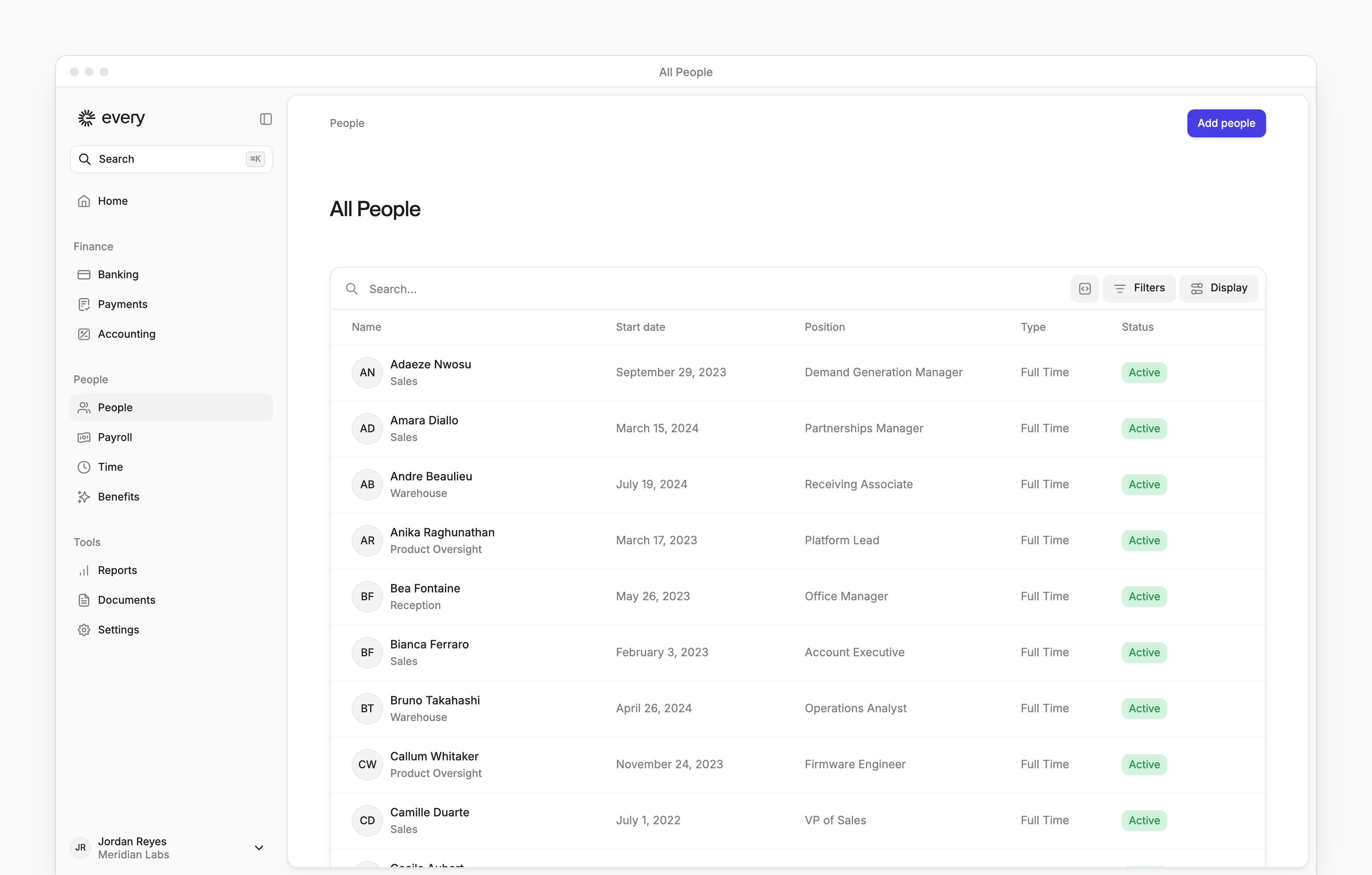 All People, with the Add people button and each person's position, type, start date and status.