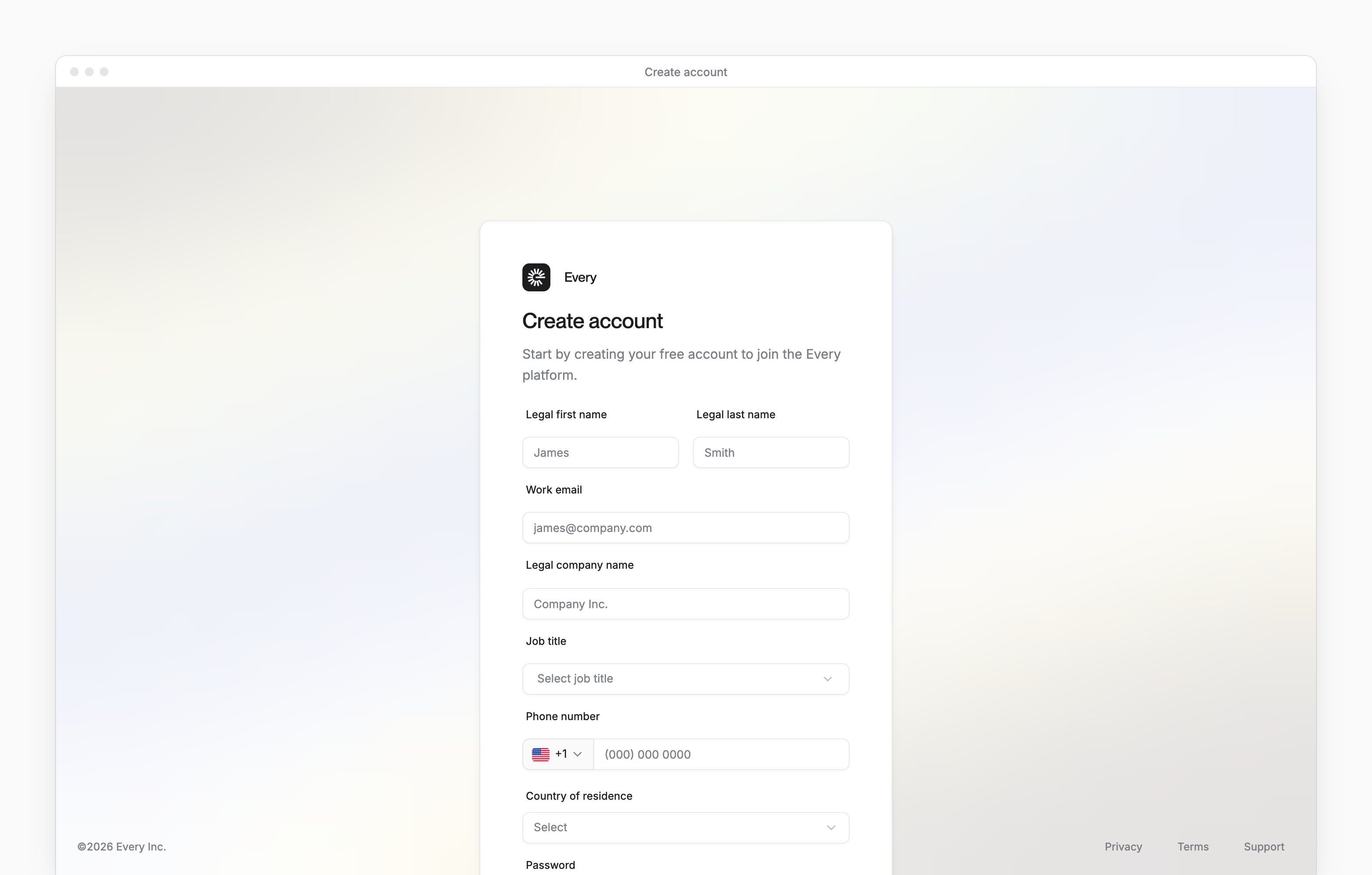 The Create account form, with its first fields, from Legal first name to Phone number, cut off partway down the page.