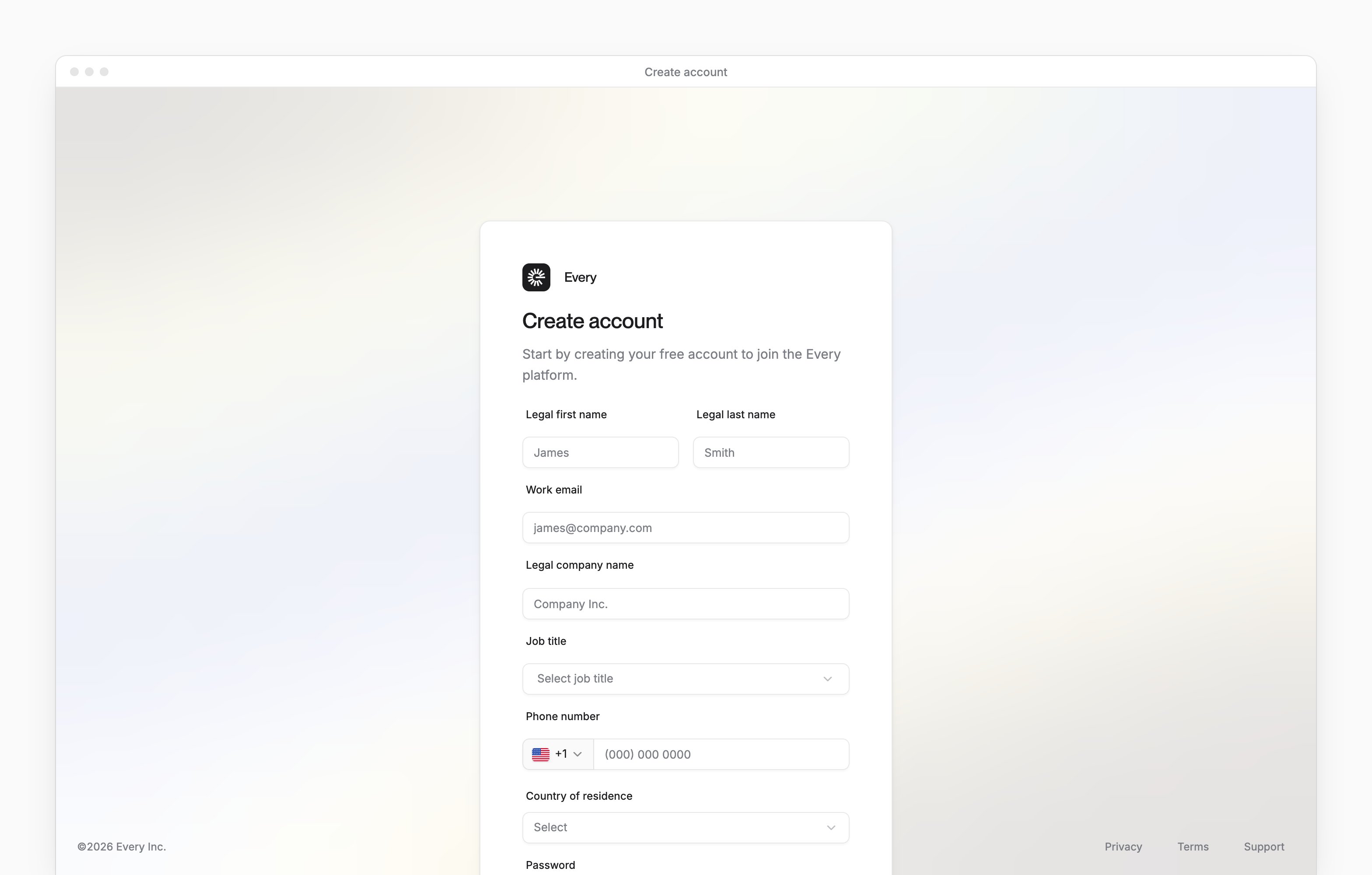 The Create account form, with its first fields, from Legal first name to Phone number, cut off partway down the page.