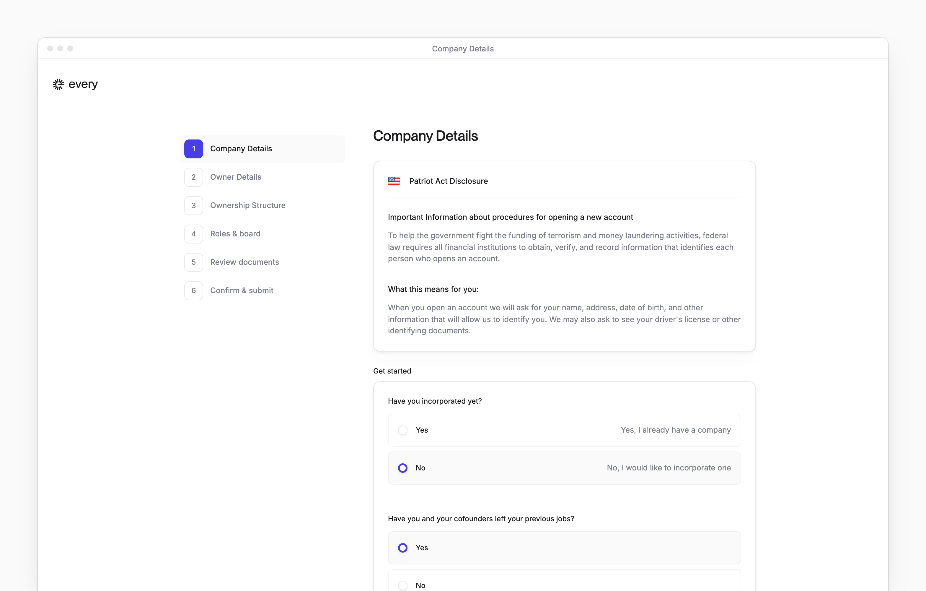 The application at Company Details, with No chosen for the incorporation question and its steps listed beside it.