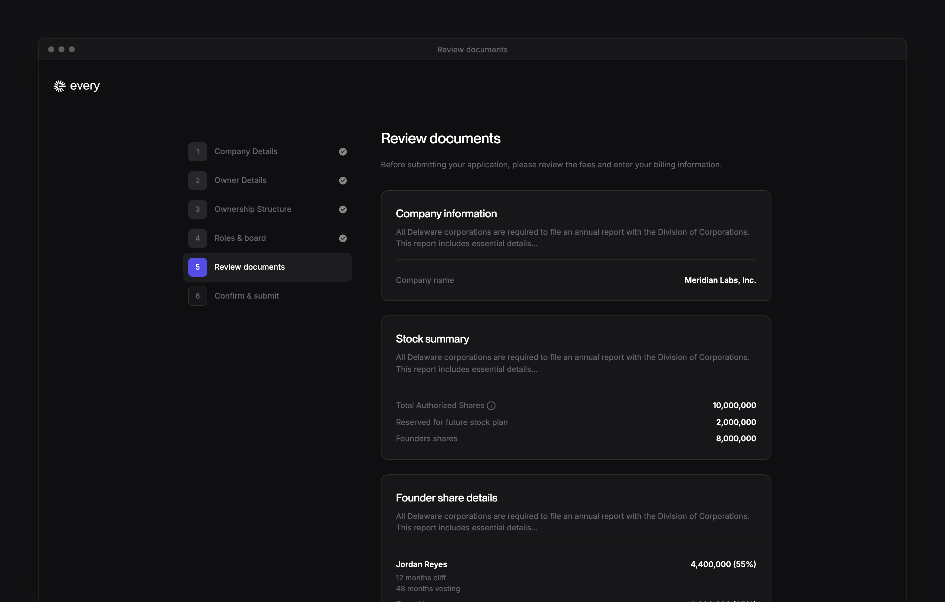 Review documents, with the company name, the stock summary and each founder's shares and vesting.