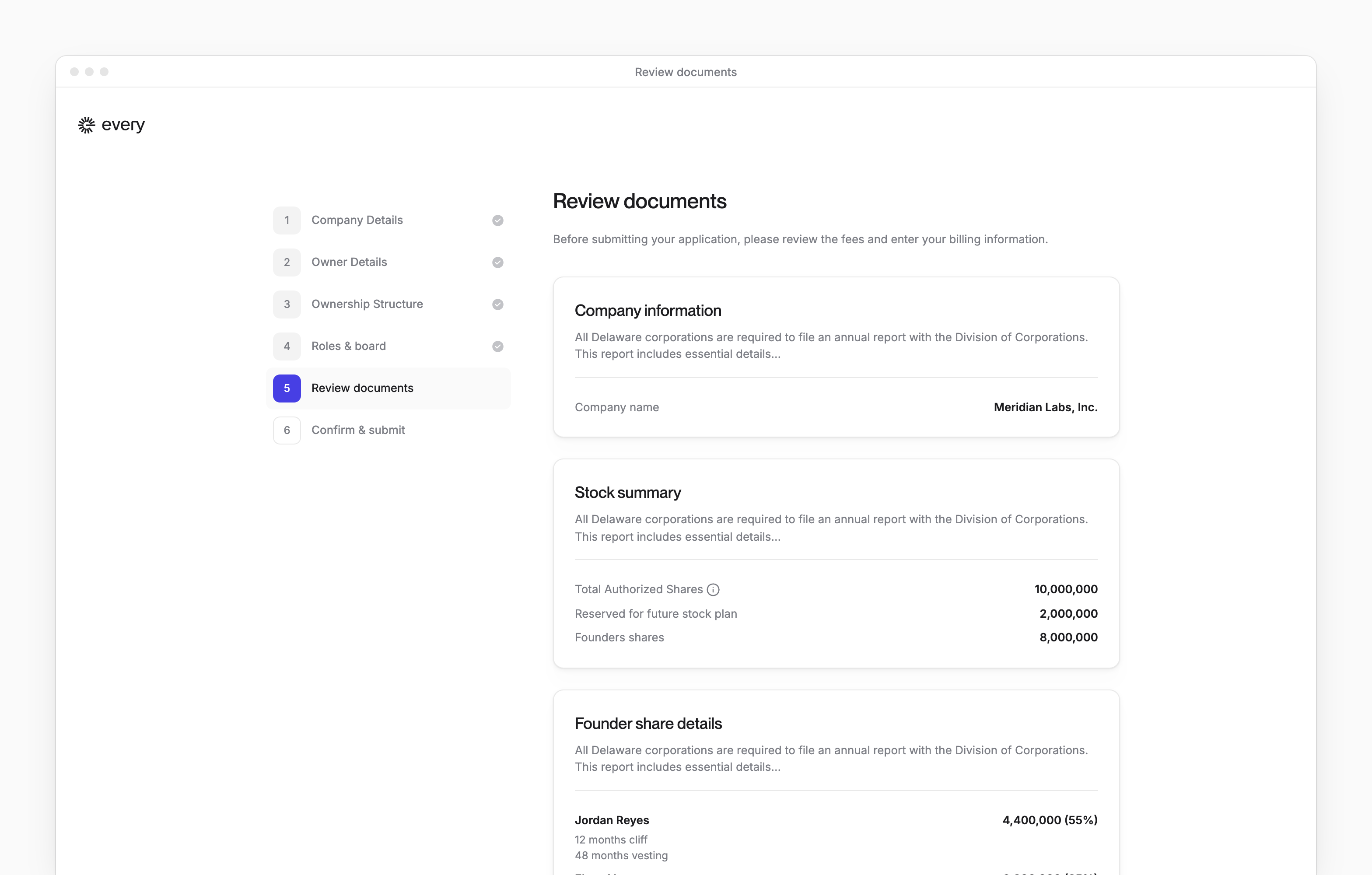 Review documents, with the company name, the stock summary and each founder's shares and vesting.