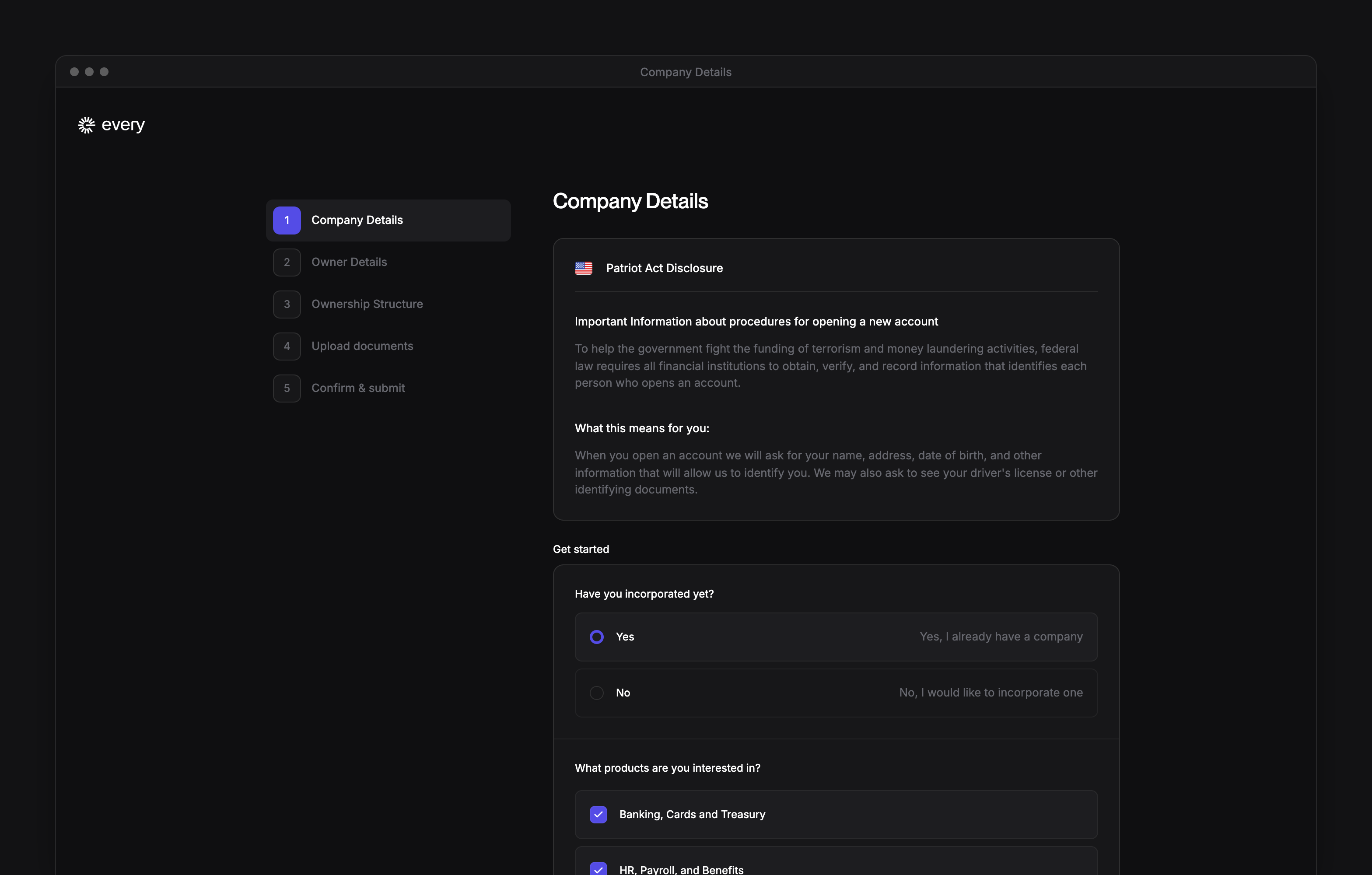 The bank application at Company Details, with Yes chosen under Have you incorporated yet? and its five steps beside it.