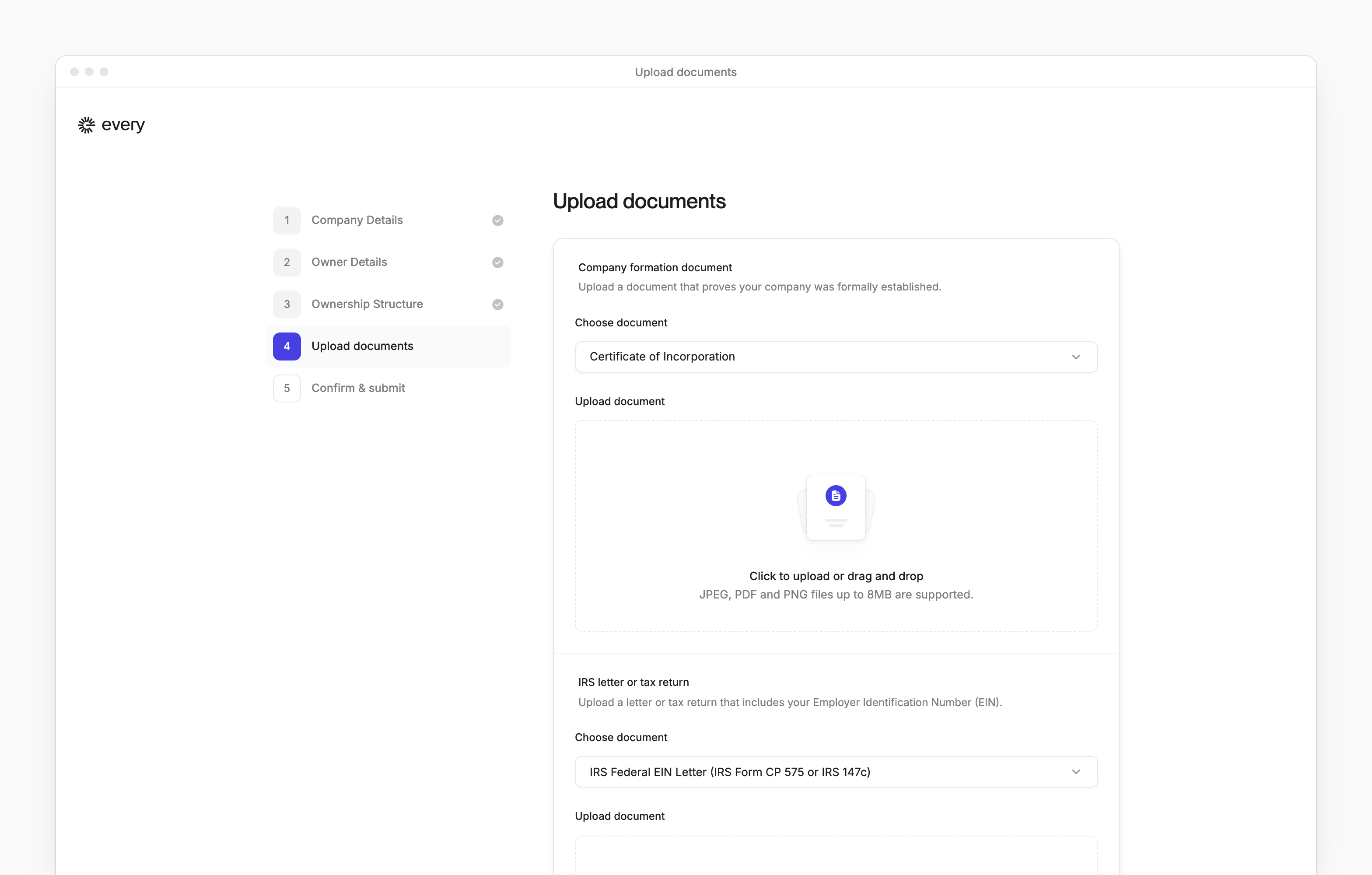Upload documents, with a company formation document and an IRS letter chosen, each with its own upload area.