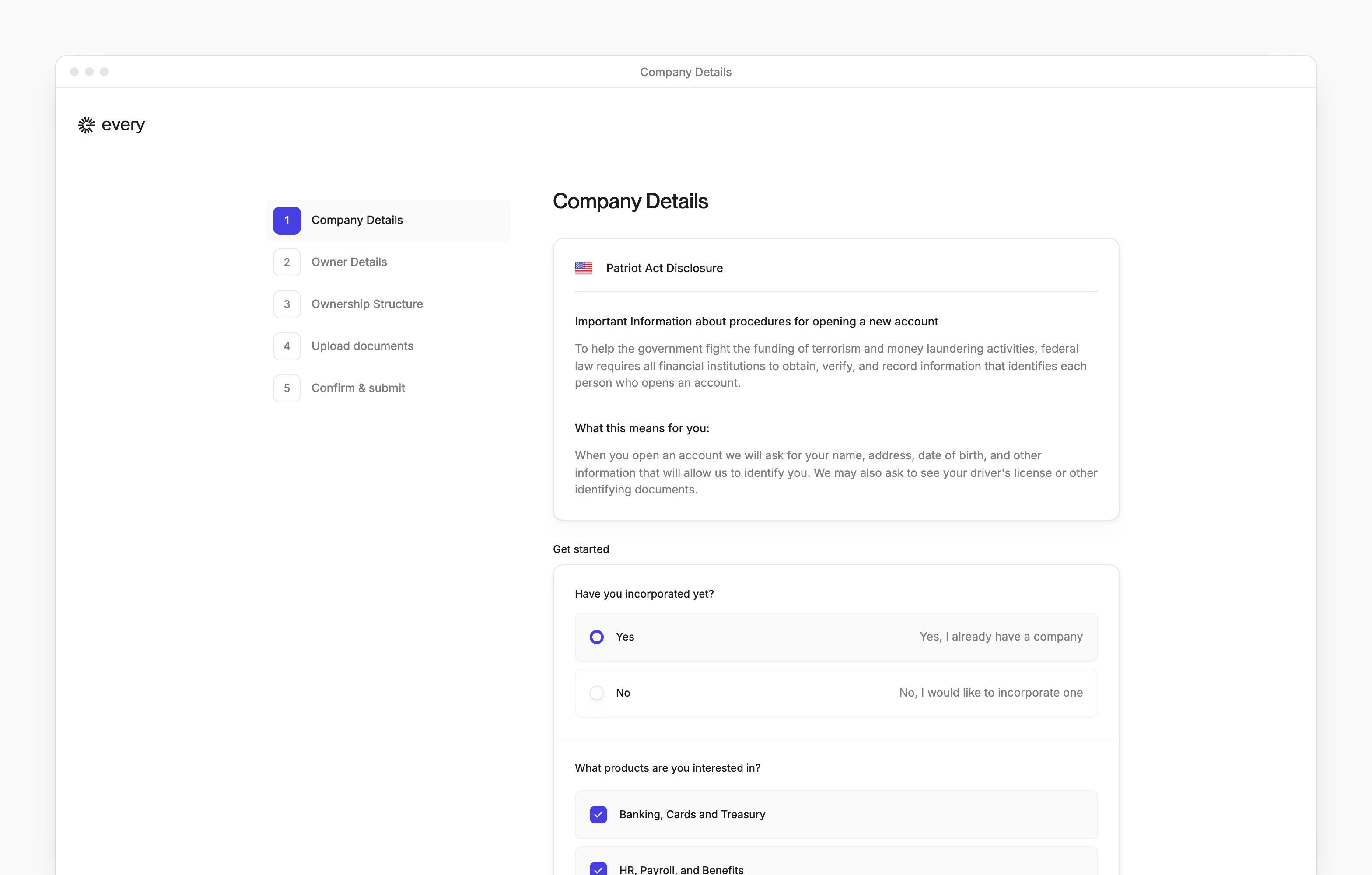 The bank application at Company Details, with Yes chosen under Have you incorporated yet? and its five steps beside it.