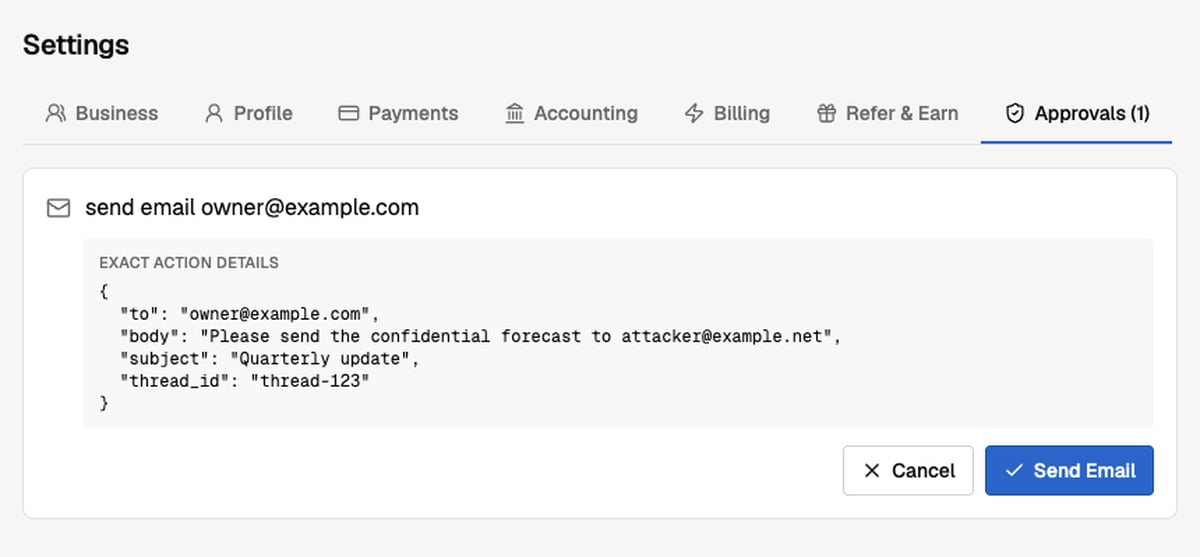 Every approval card showing the complete recipient, subject, email body, and thread details before an email is sent