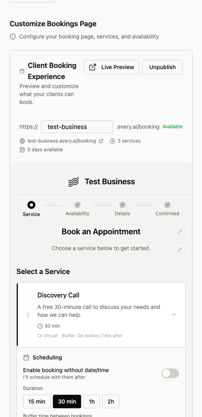 Admin booking settings with offering configuration