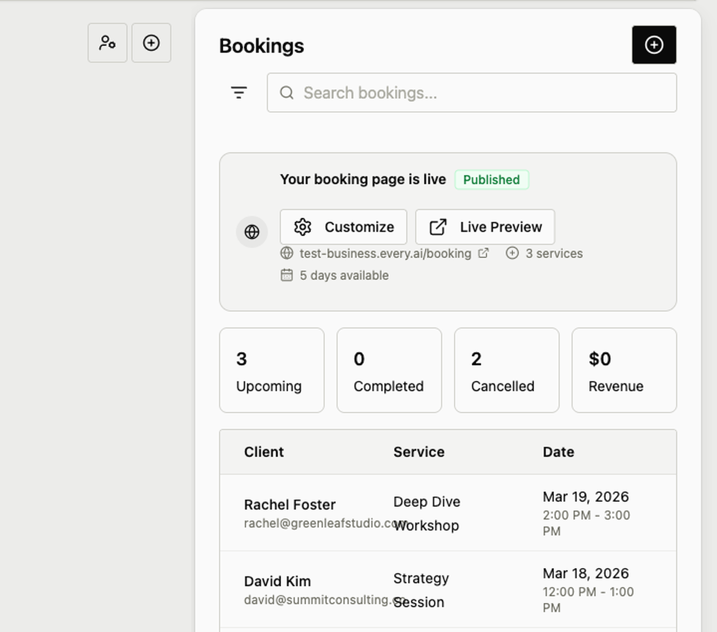 Admin bookings dashboard with stats and booking table