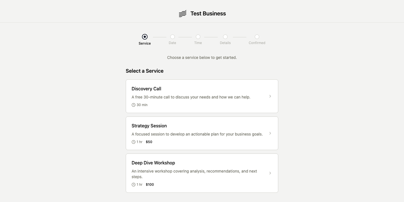 Public booking page showing available services