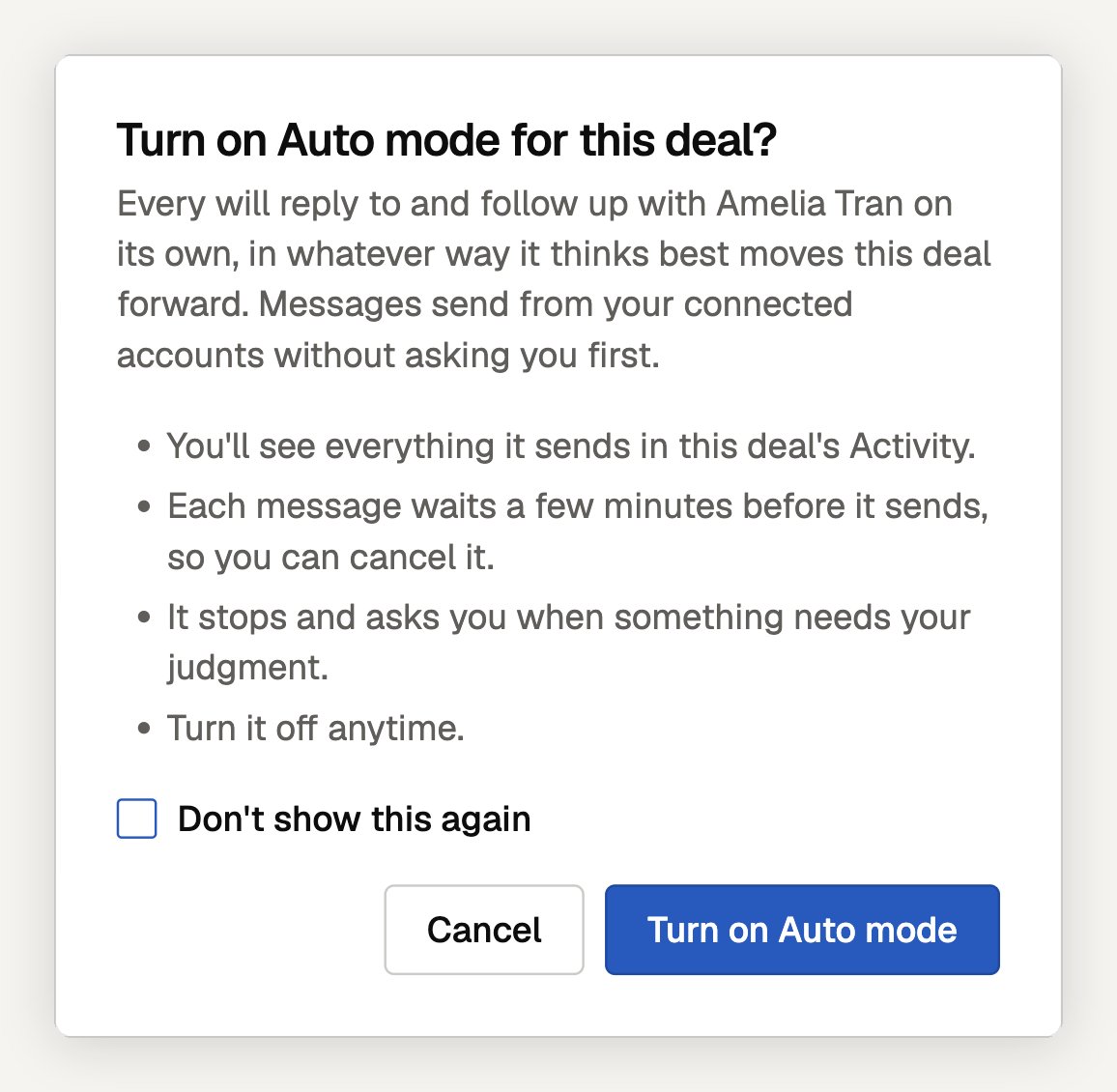 The Turn on Auto mode for this deal? confirmation, explaining that Every will reply and follow up on its own, that messages wait a few minutes before sending, and that it stops to ask when something needs judgment
