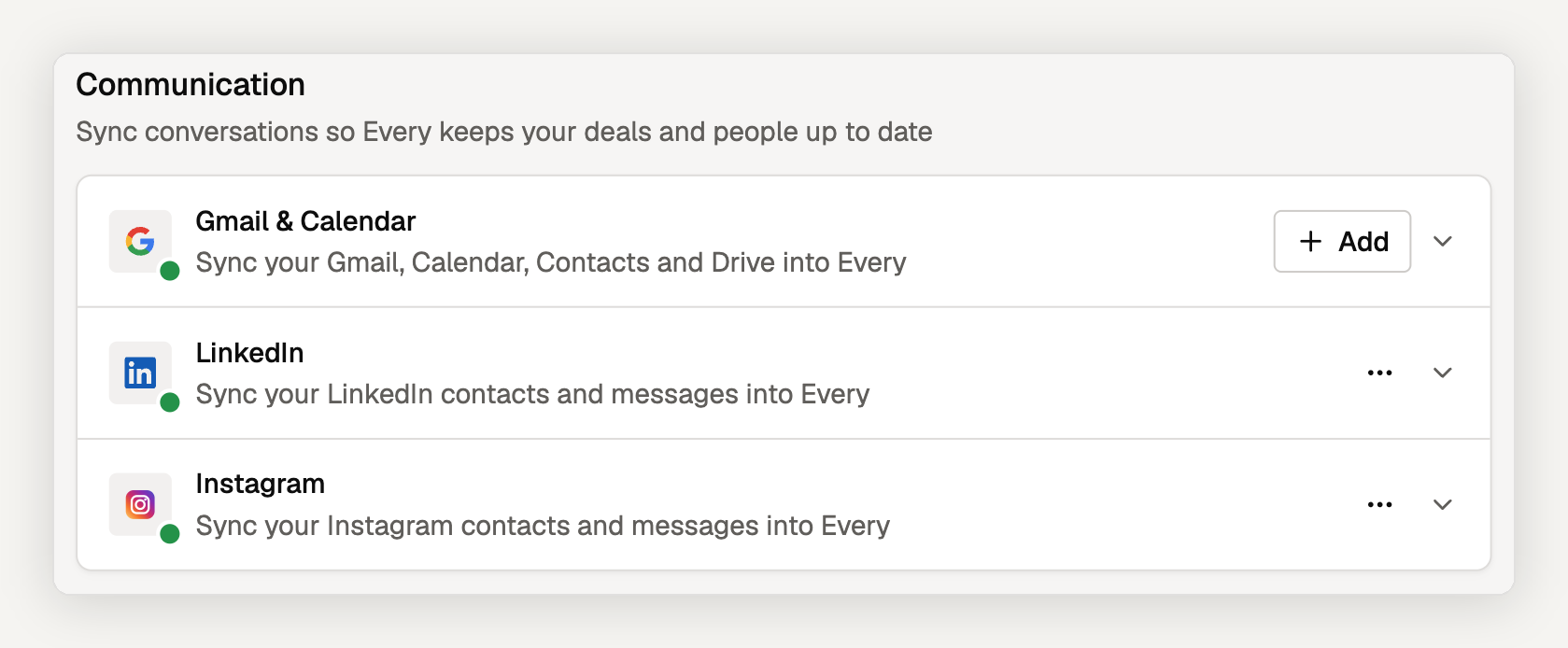 The Communication section of Connections with Gmail and Calendar, LinkedIn and Instagram rows, each showing a connected status