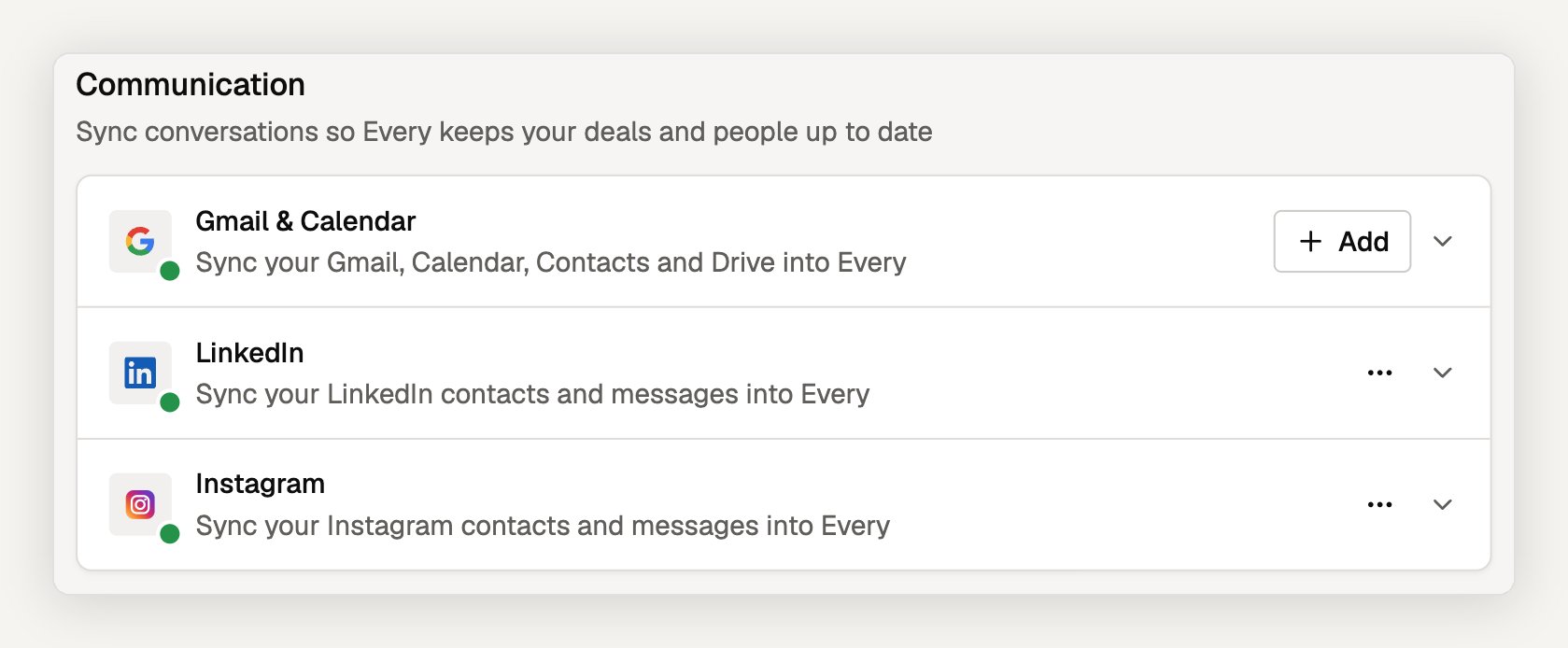 The Communication section of Connections with Gmail and Calendar, LinkedIn and Instagram rows, each showing a connected status