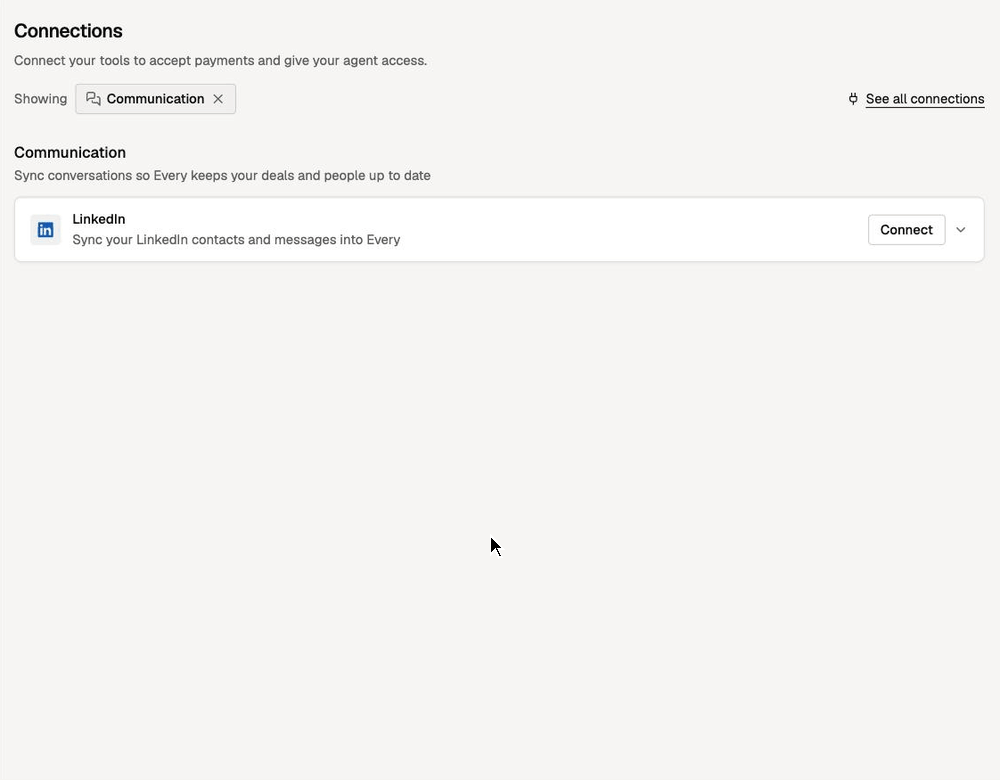 Connecting LinkedIn: clicking Connect opens a dialog with LinkedIn's own sign-in page, and the row shows Connected once sign-in finishes