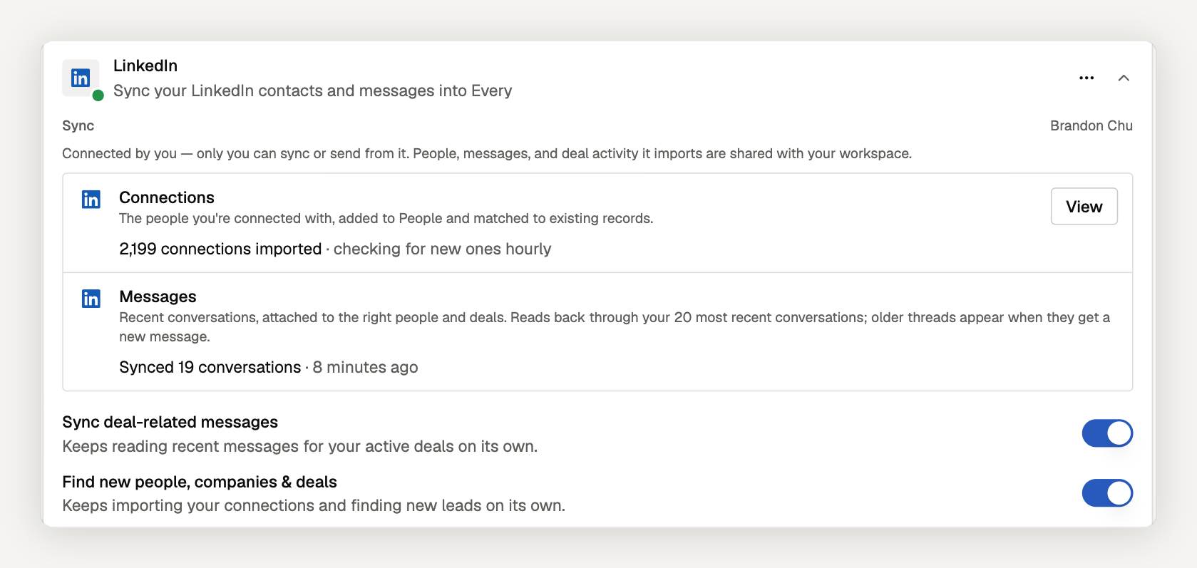 LinkedIn connection details showing imported connections, synced conversations, and the Sync deal-related messages and Find new people, companies & deals switches