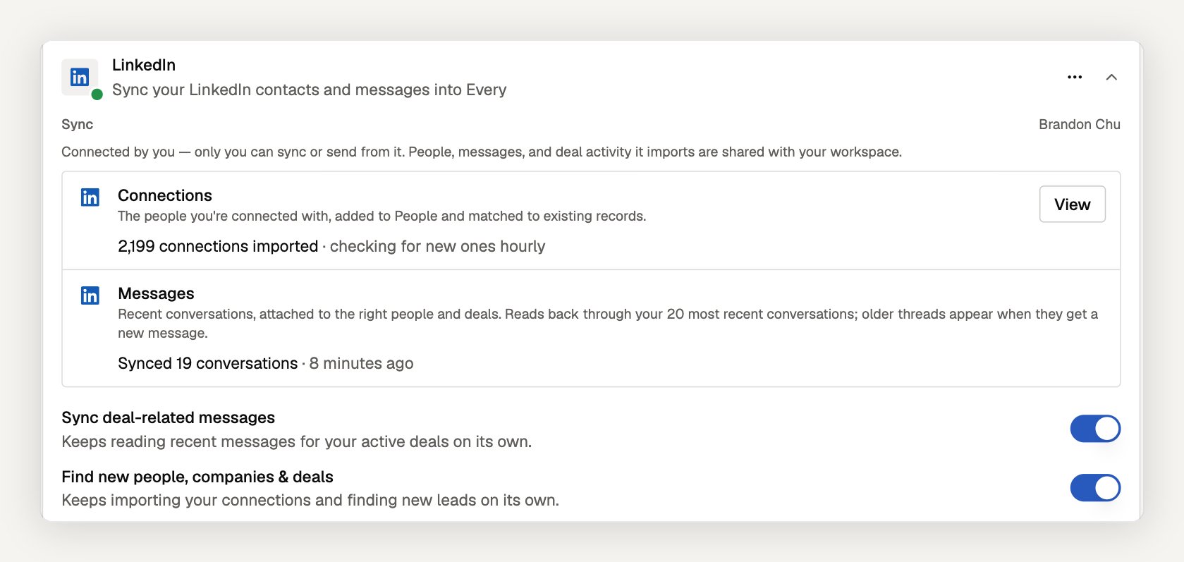 LinkedIn connection details showing imported connections, synced conversations, and the Sync deal-related messages and Find new people, companies & deals switches