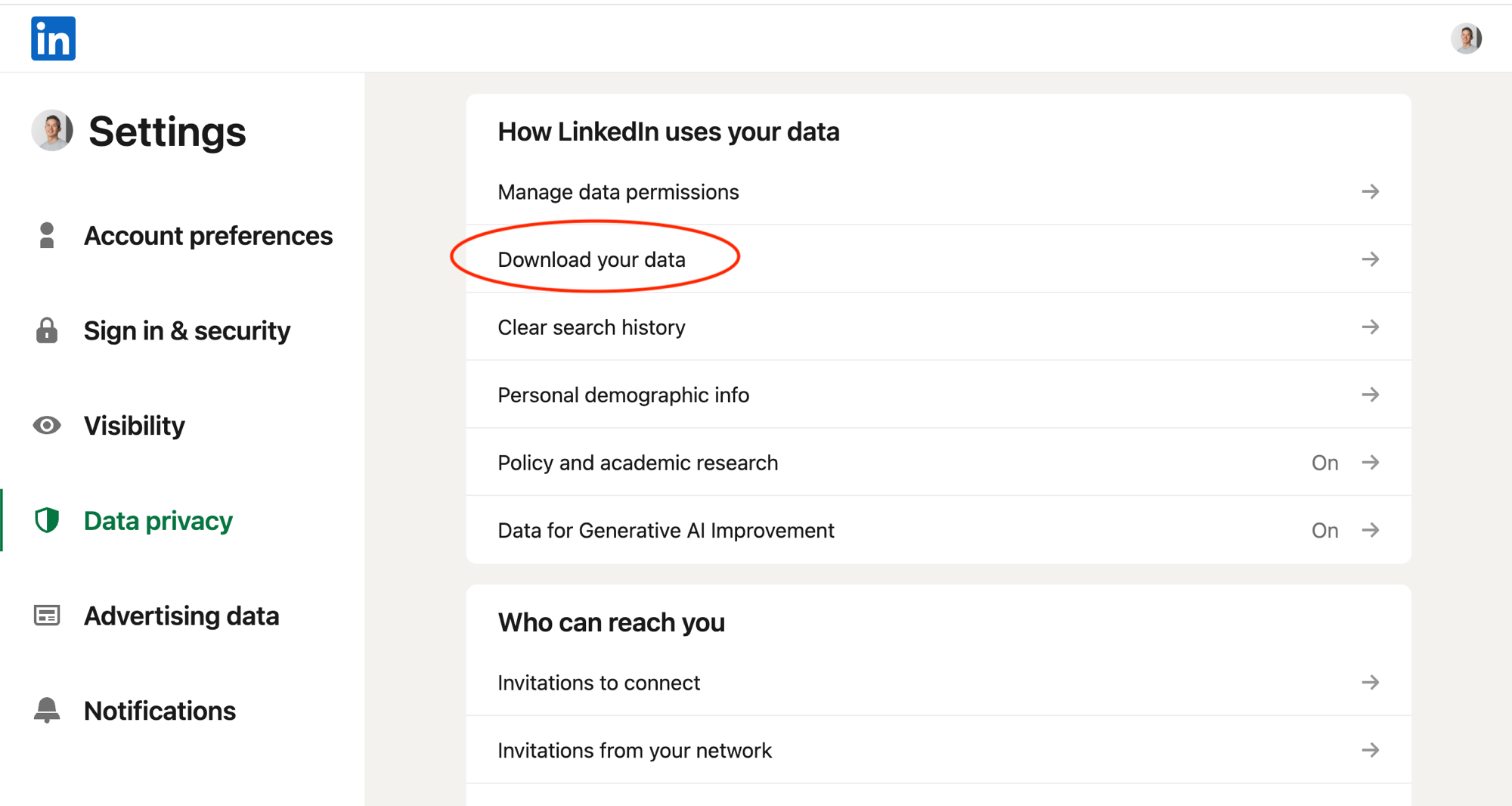 LinkedIn Data privacy settings with Download your data highlighted