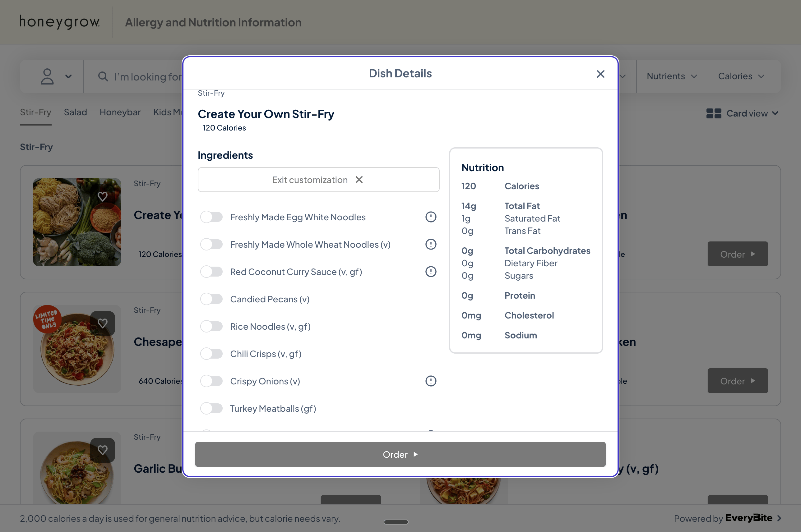 Dish customization interface showing ingredient toggles on the left and a nutrition panel on the right that updates as selections change