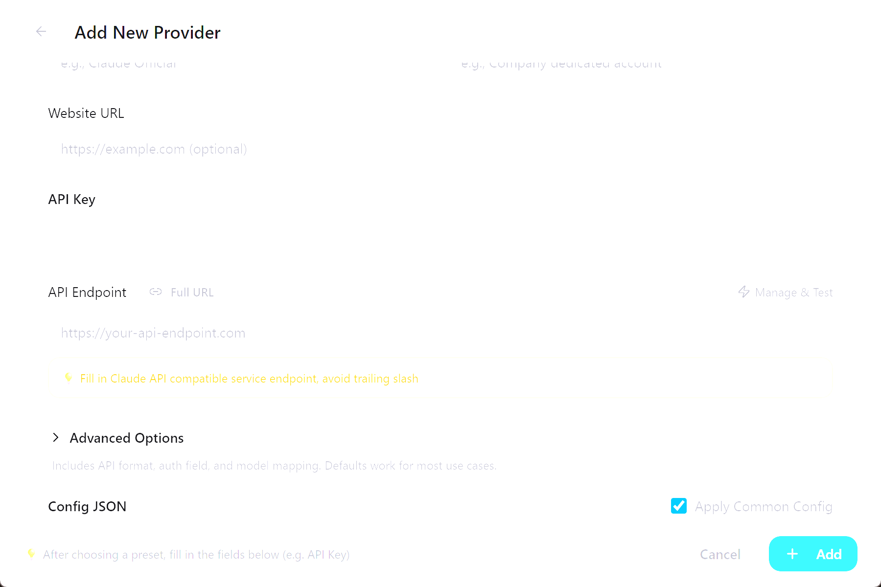 CC Switch add provider screen