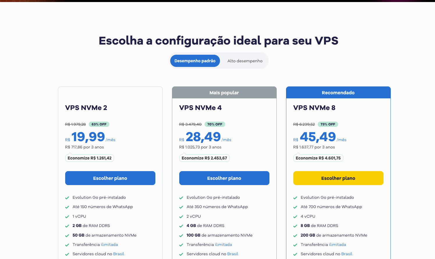 Página de seleção de planos VPS com Evolution Go pré-instalado e preços