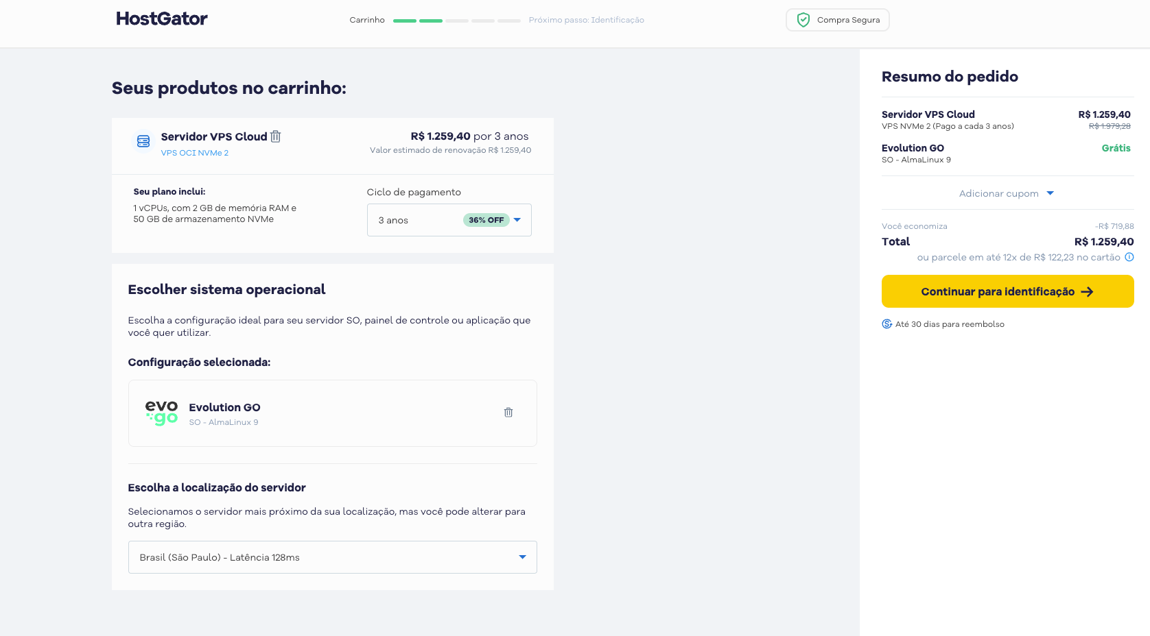 Carrinho com VPS NVMe selecionado e Evolution GO incluído gratuitamente