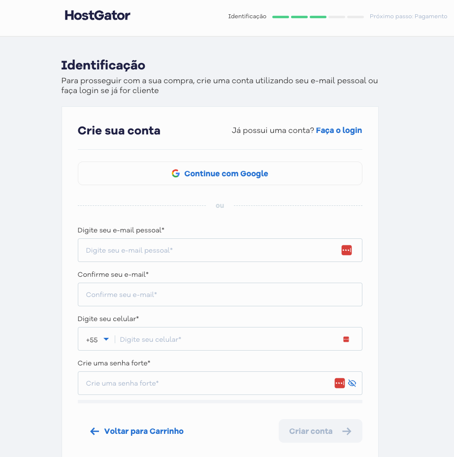 Formulário de criação de conta HostGator com campos de e-mail, celular e senha