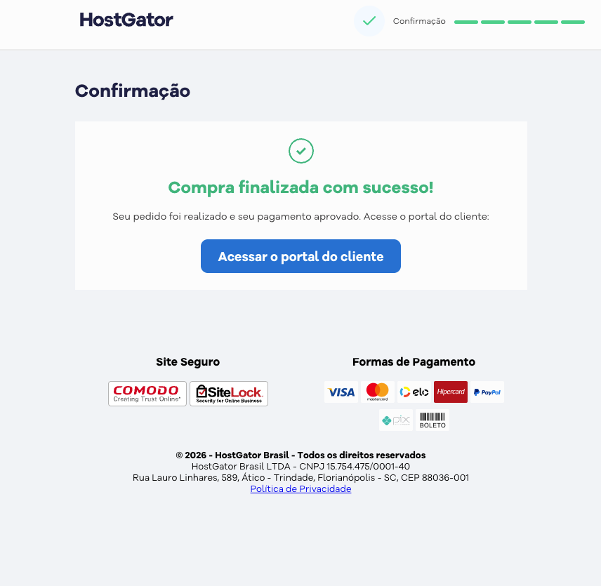 Tela de confirmação de compra com mensagem de sucesso e botão para acessar o portal