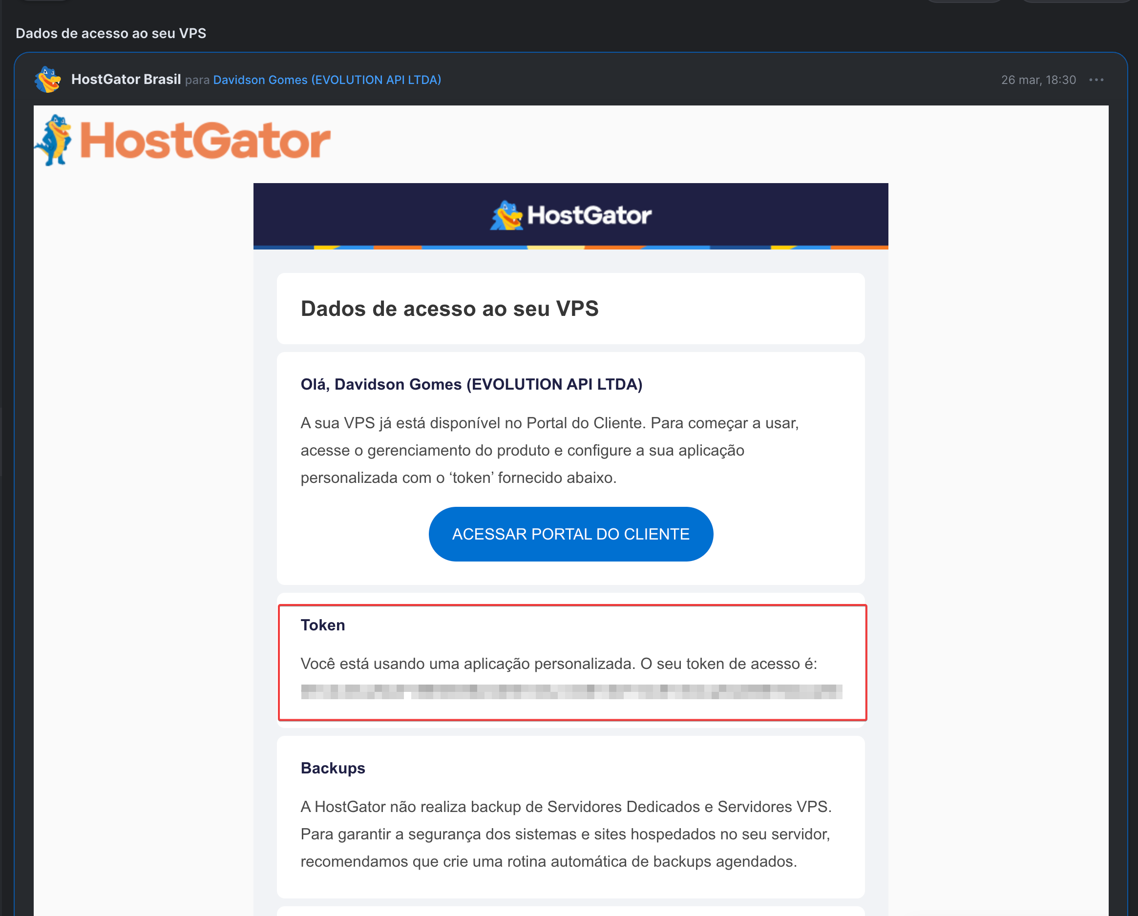 E-mail da HostGator com dados de acesso ao VPS e token do Evolution Go em destaque