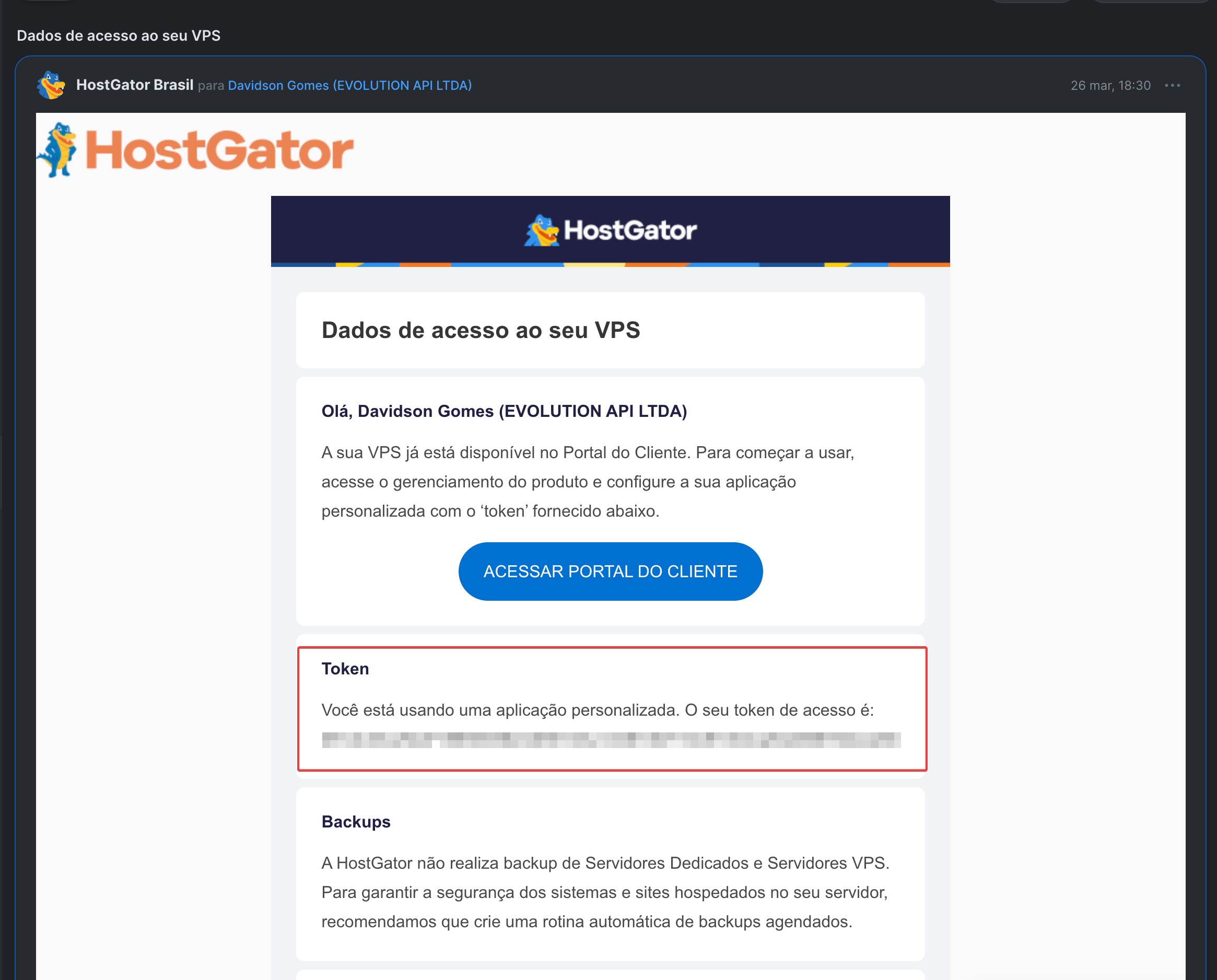 E-mail da HostGator com dados de acesso ao VPS e token do Evolution Go em destaque