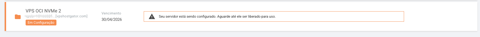 VPS OCI NVMe 2 com status 'Em Configuração' e aviso de aguardar