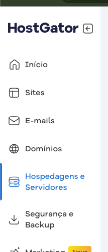 Menu lateral do portal HostGator com 'Hospedagens e Servidores' destacado