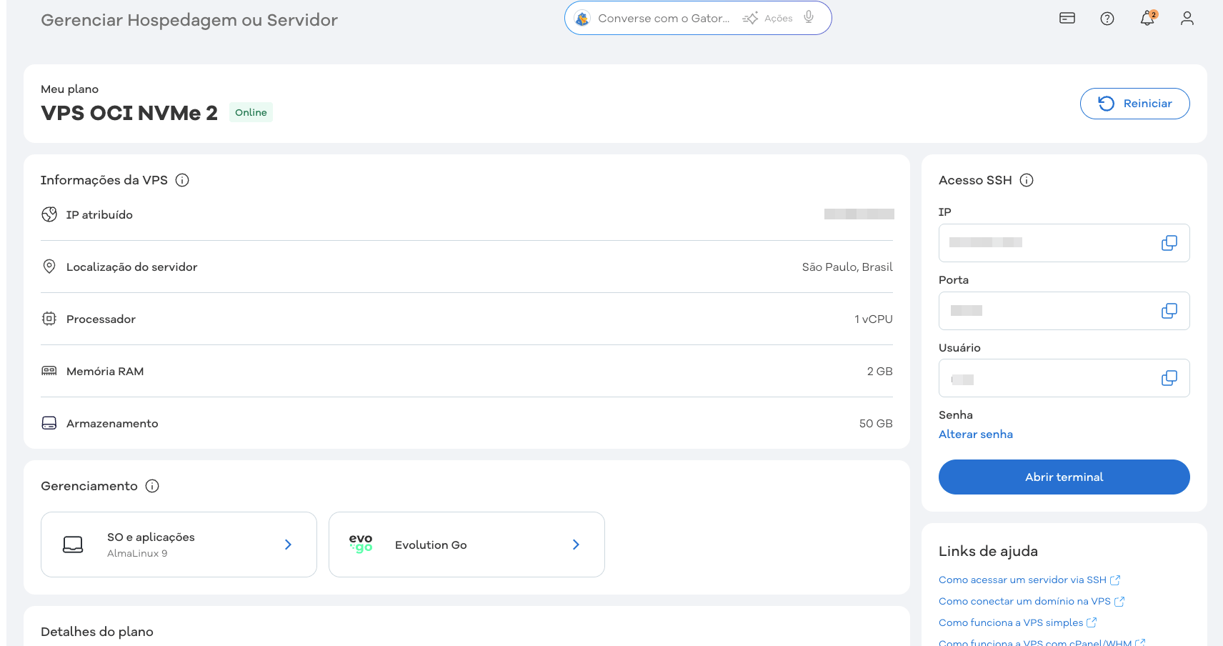 Painel VPS com IP, porta SSH 22022 e usuário root exibidos