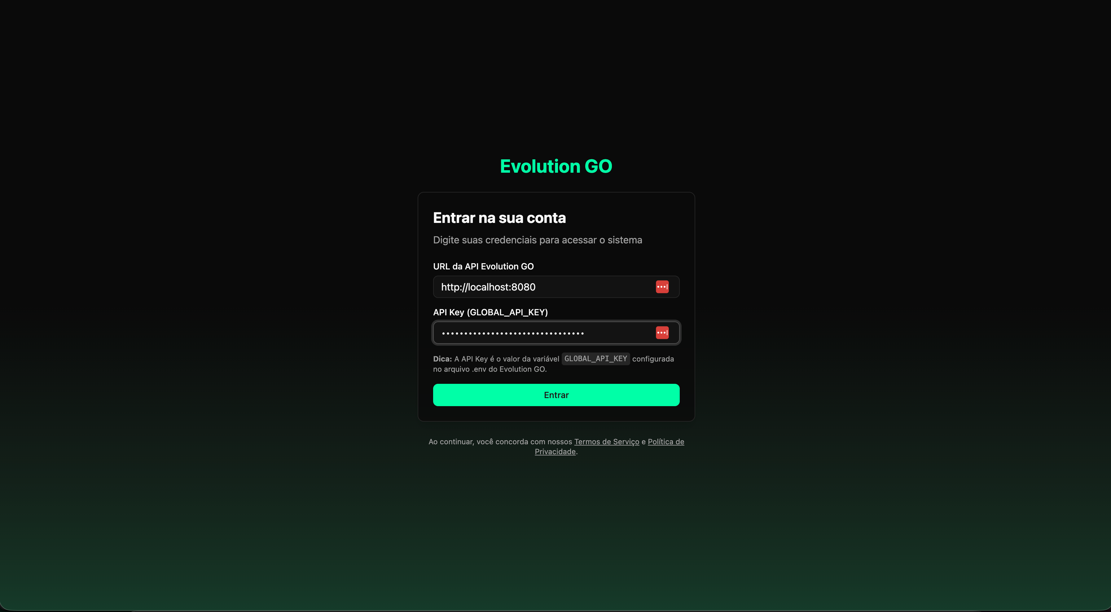 Tela de login do Evolution GO Manager com campos de URL da API e API Key